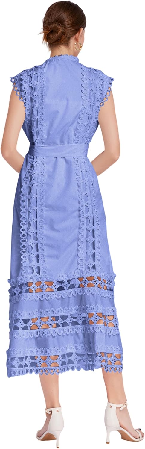 Women Lace Hollow Out Dress Party Midi Casual Sleeveless Button High Neck Dresses with Belt