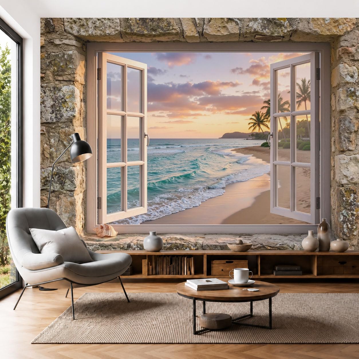 Papier peint panoramique pour agrandir une pièce avec vue plage en soie 3D