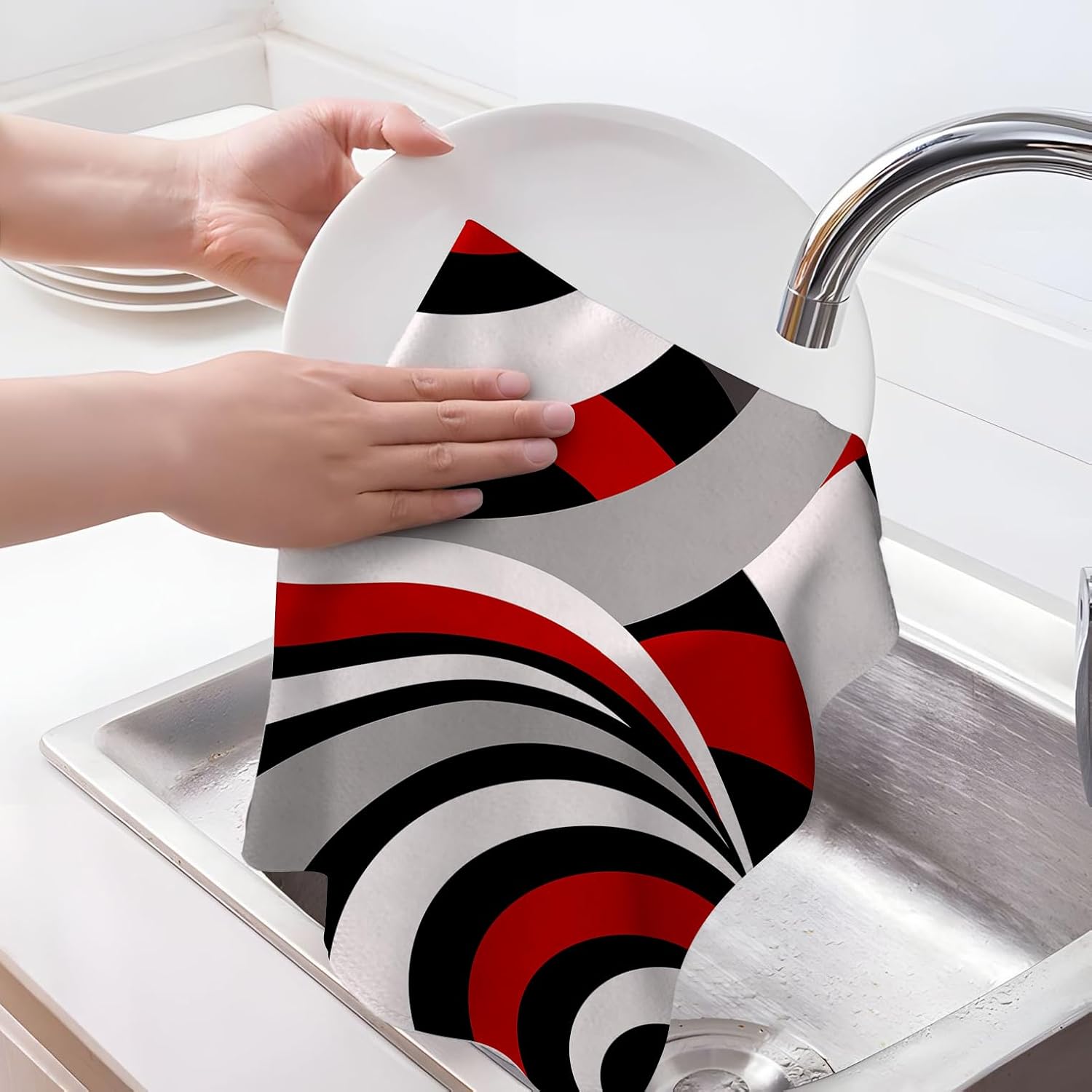 Modern Red Black Grey White Kitchen Dish Towels Set of 2 16"x24" Absorbent Abstract Drying Cloth Black Red Hand Towels for Kitchen Cooking Baking Farmhouse Bathroom Home Decor image 3