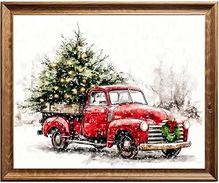 Red Pickup Truck Christmas Wall Art – Watercolor Print of Red Truck Carrying Christmas Tree – Rustic Farmhouse Holiday Decor – Festive Artwork for Home – Unframed (8X10INCH)