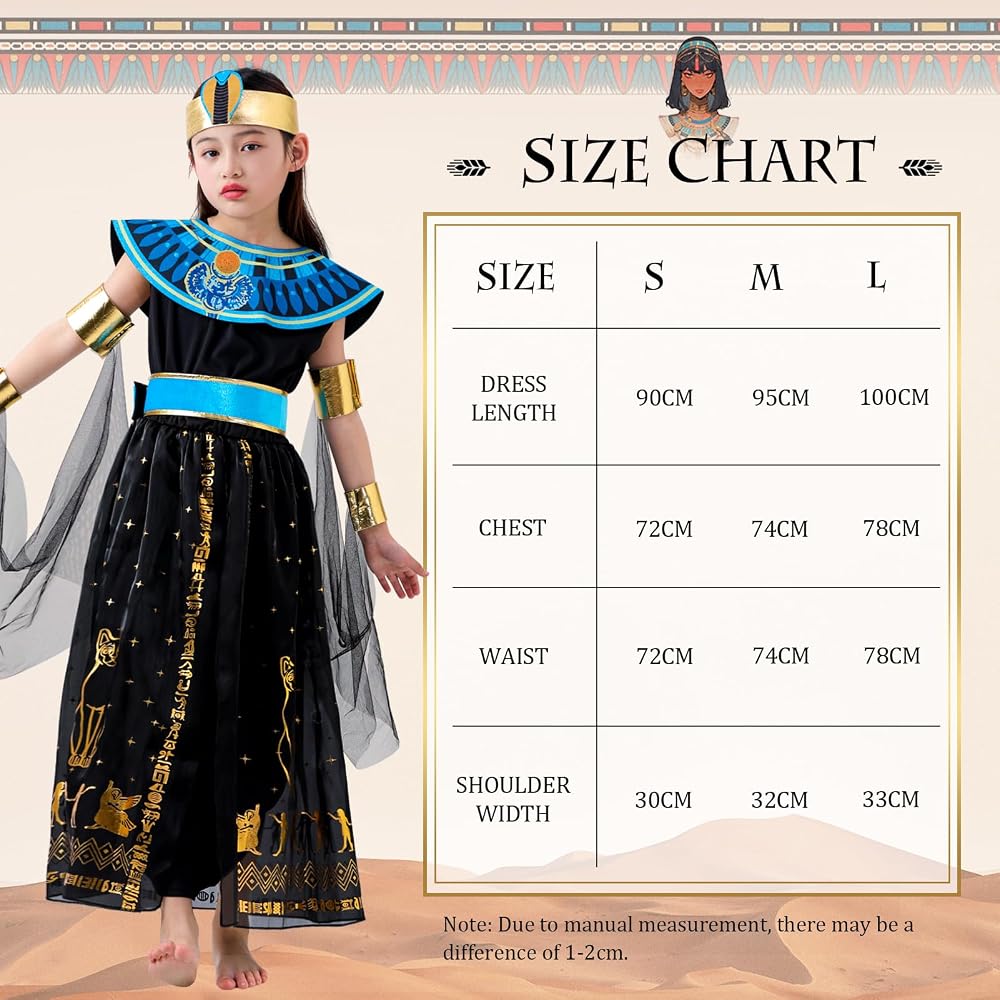 Déguisement Cléopâtre Enfant – Costume égyptien Avec Robe, Coiffe, Collier, Cape Et Bracelets – 4 à 12 Ans