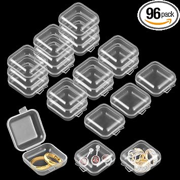 96 Pcs Mini Clear Plastic Jewelry Box, Small Storage Containers with Hinged Lids Jewelry Package Clear Cases Earring Organizers for Crafts Beads Pills Ear Studs Necklaces Rings Jewelry Case