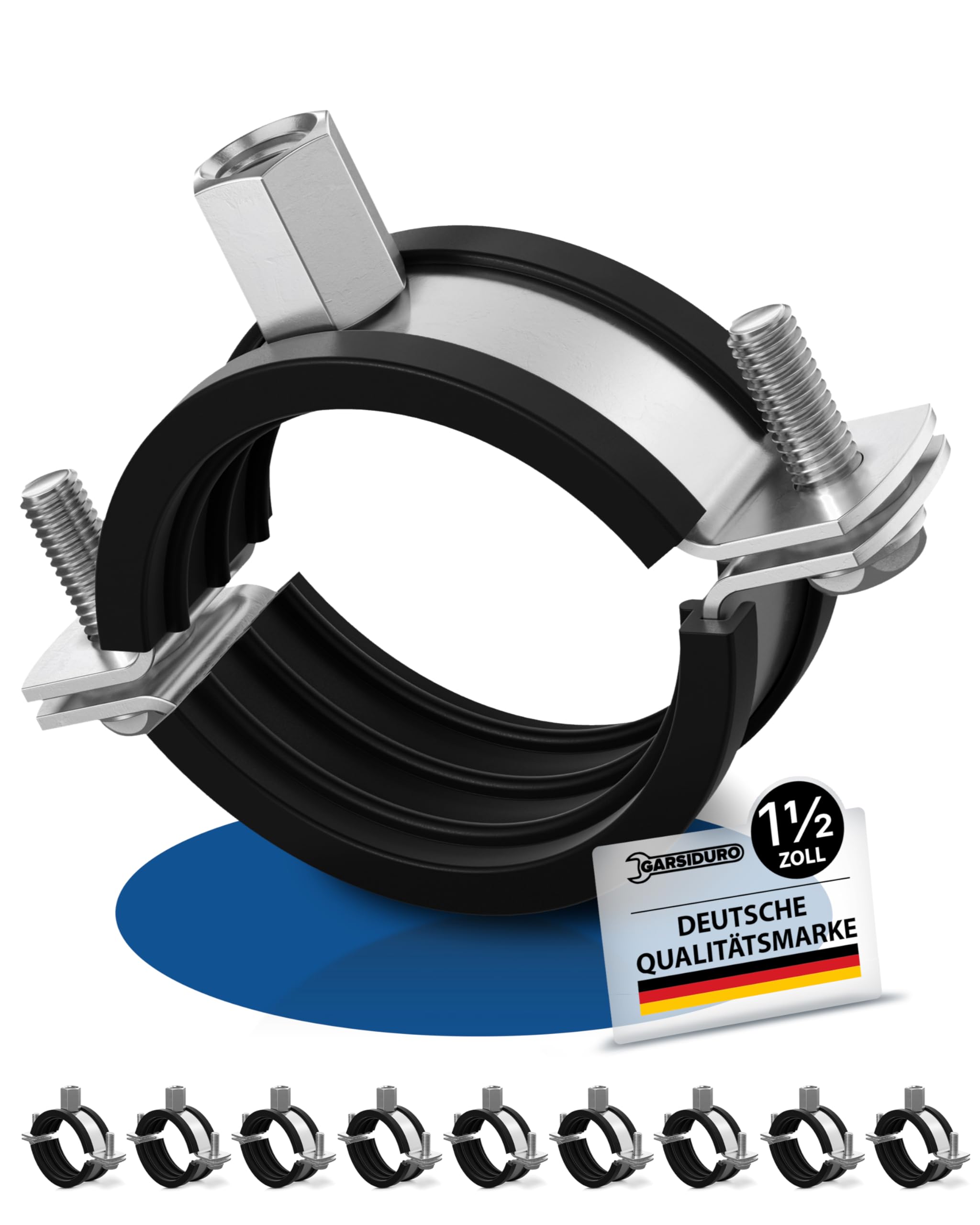 GARSIDURO® Profi Rohrschellen | 1 1/2 Zoll (47-51mm) 10 Stück | Schraubrohrschellen Stahl verzinkt mit Gummieinlage zur Rohrbefestigung und Rohrhalterung mit Vibrationsdämmung und Schalldämmung 1 1/2"