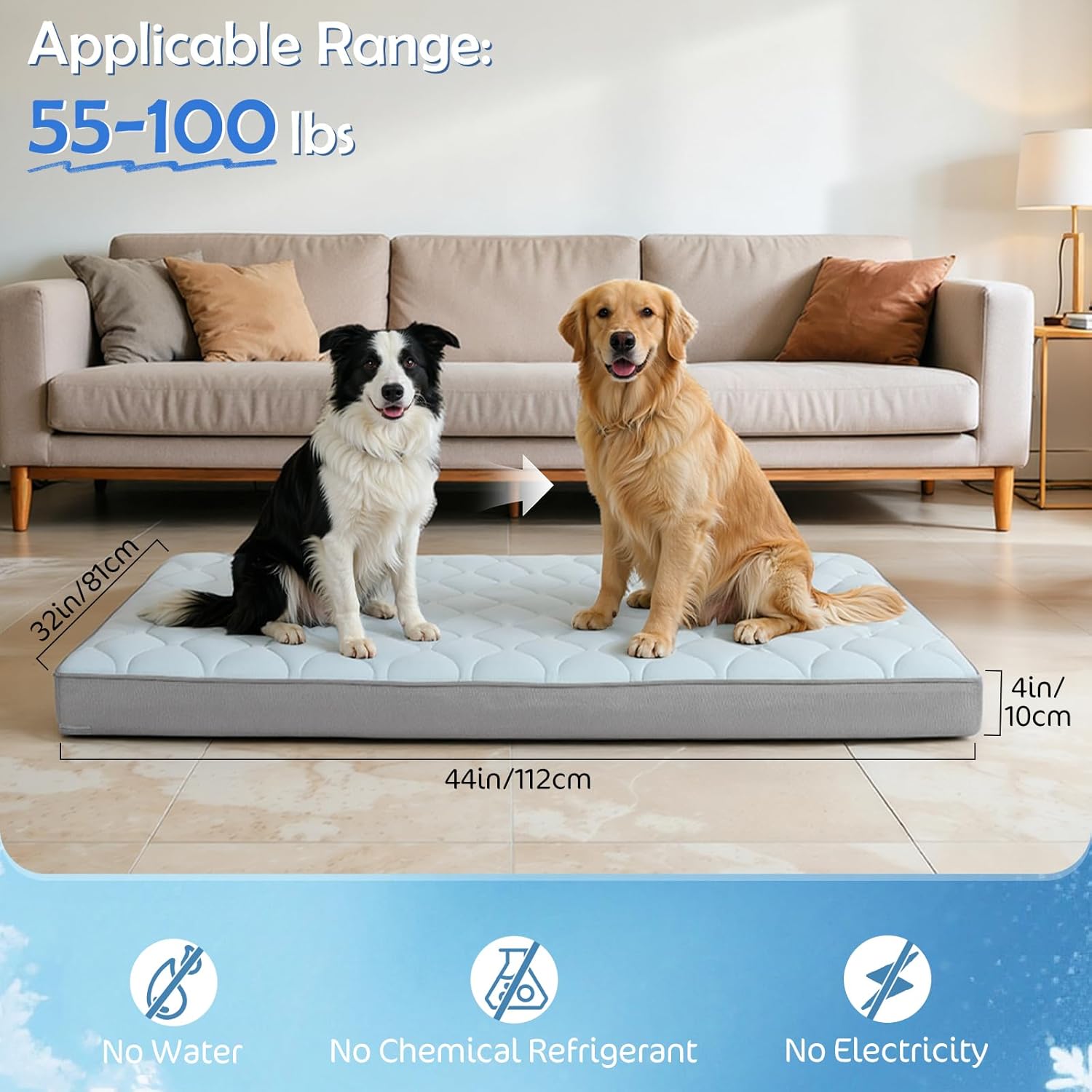 Cooling Dog Bed, 44" x 32" Orthopedic Dog Beds Large Sized, Waterproof Self-Cooling Pet Mat for Summer with Removable Washable Cover, Egg Crate Foam, Anti-Slip Bottom, Non-Gel, Blue