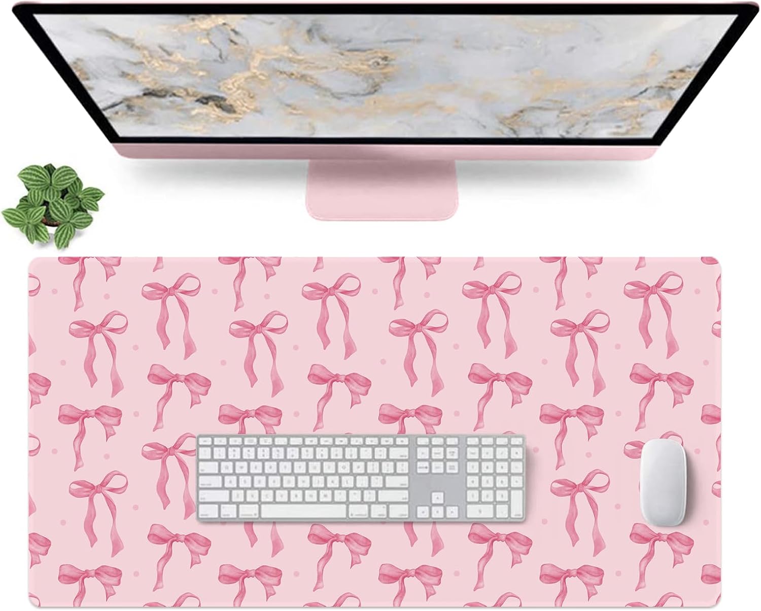 Pink Desk Mat with Bows, Cute Mouse Pad for Computer Laptop PC Non-Slip Rubber Base Gaming Keyboard Pad, Large Office Mat Girly Décor Office Supplies Desk Accessories for Teen Girls Women 31.5 x 15.7