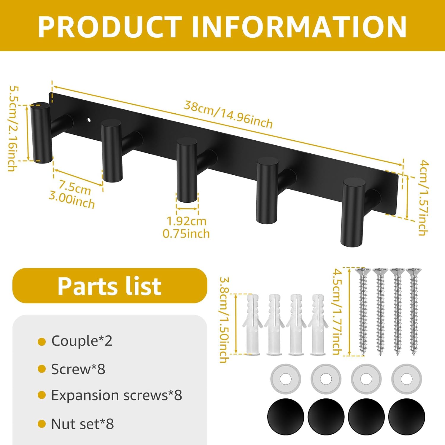 2 Pack Wall Mounted Coat Rack with 5 Hooks,Black Stainless Steel Heavy Duty Wall Hooks, Rustproof Wall Coat Hanger for Coats Hats Towels Bags Keys Bathroom Kitchen Entryway Office