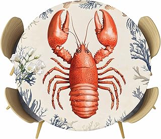 Marine Life Round Fitted Tablecloth, Red Lobster Shell Seaweed Waterproof Oil Proof Tablecloths Fits 36"-44" Tables, Washable Table Cover for Kitchen Picnic Party
