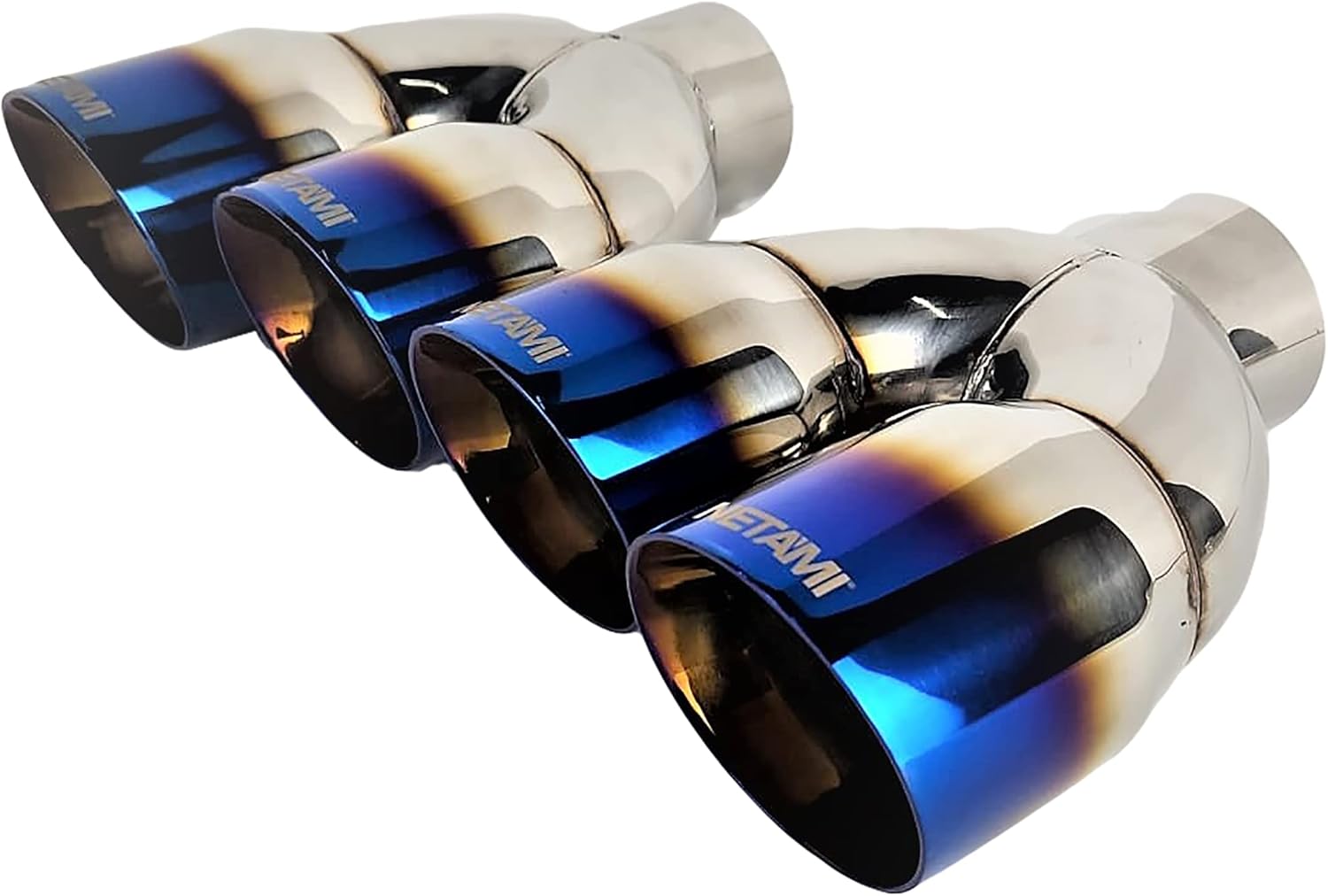 NETAMI 2.25' Inlet to 3" Quad Outlet Stainless Steel Exhaust Tip Double Wall w Blue Burnt Tips