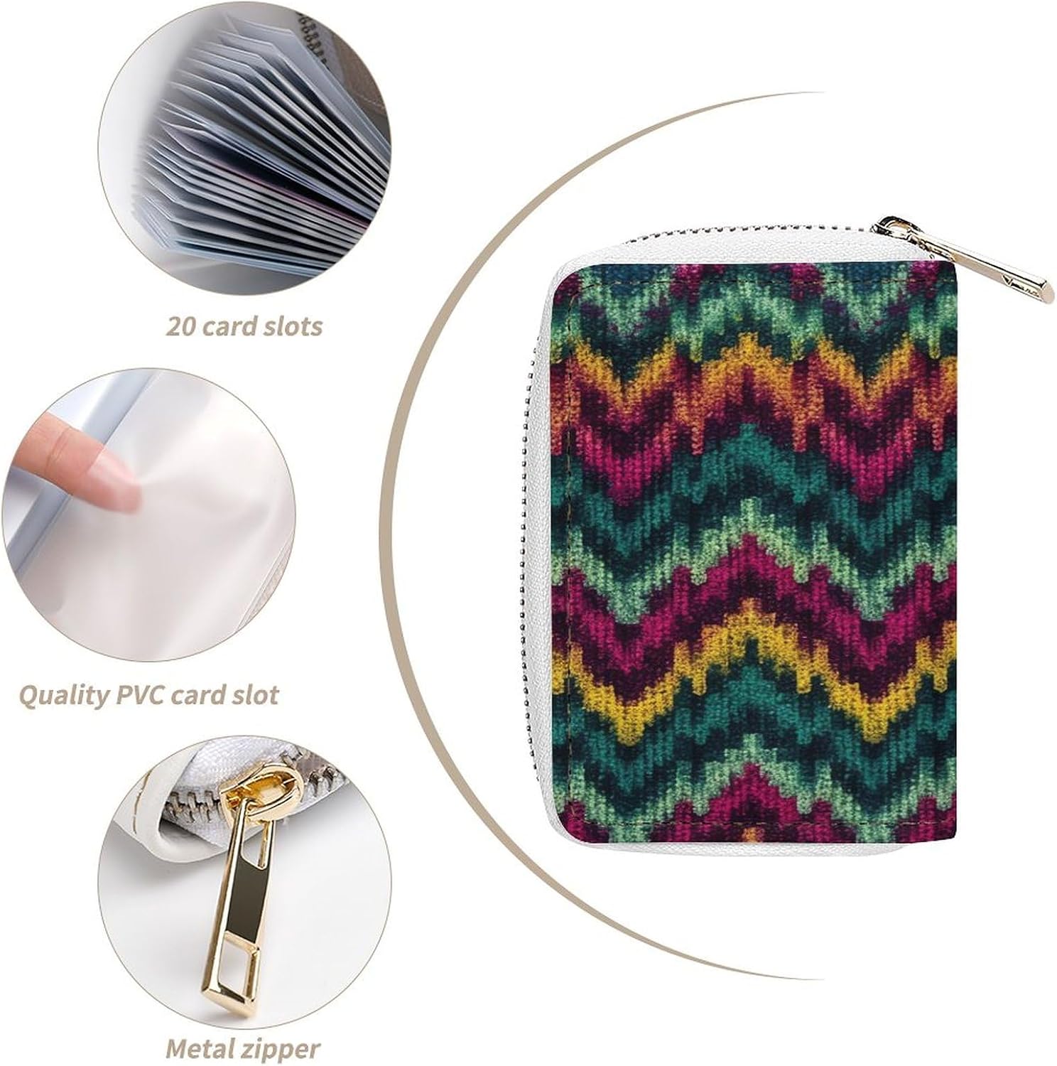 Leather Card Organizer Case Card Wallet Credit Card Holder Colorful Knitted Pattern Printed Zipper Card Cases Holder for Women Men
