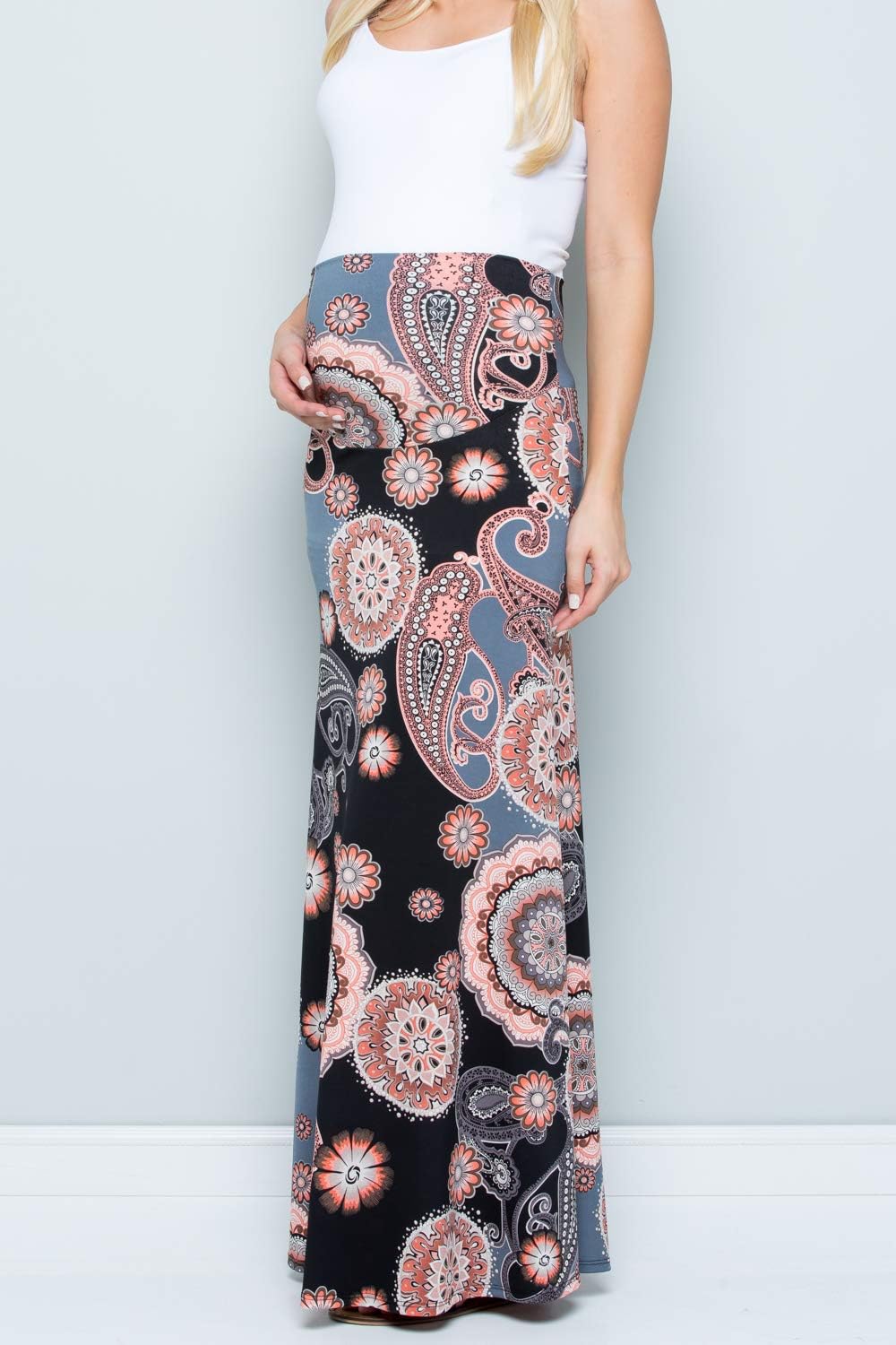 My Bump Women's High Waisted Floor Length Maternity Maxi Skirt with Tummy Control(Made in USA)