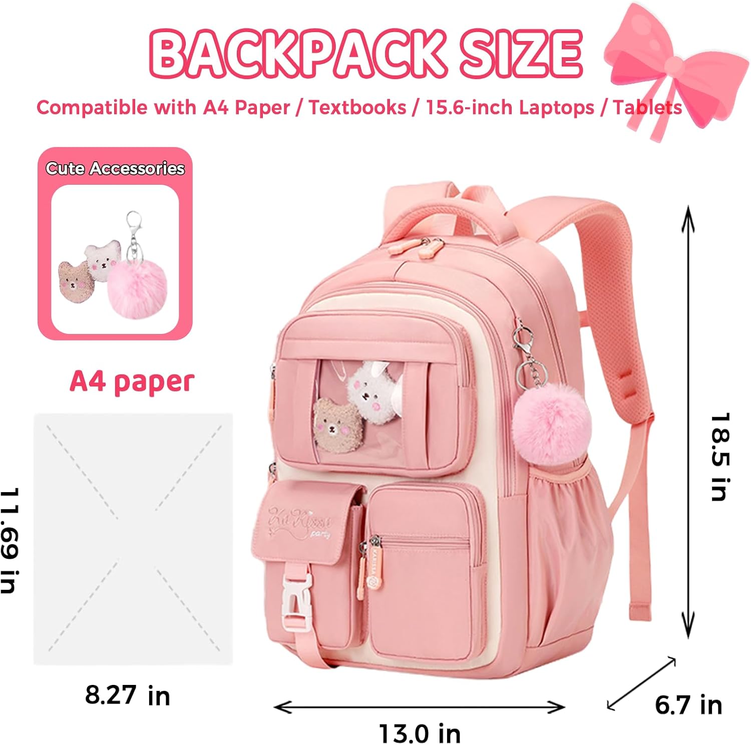 Cute School Backpack for Teen Girls Kawaii Waterproof Large Capacity Bookbag for Kids Elementary Middle School Preppy Aesthetic Book Bag with Cute Accessories for Ages 6-8 8-10 10-12 (Black White)