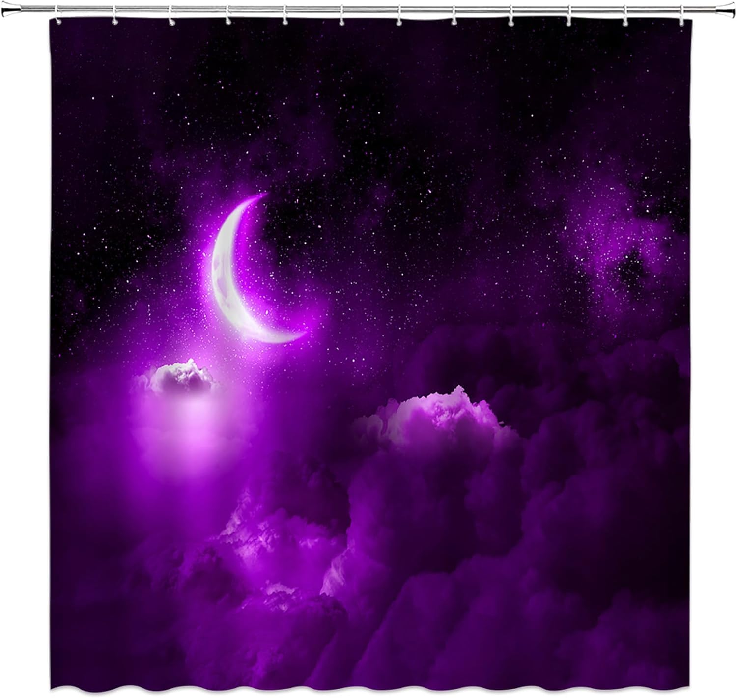 Moon Shower Curtain Purple Starry Sky Night New Moon Cloud Galaxy Bathroom Curtain Set with Hooks(91" Wx70 H)