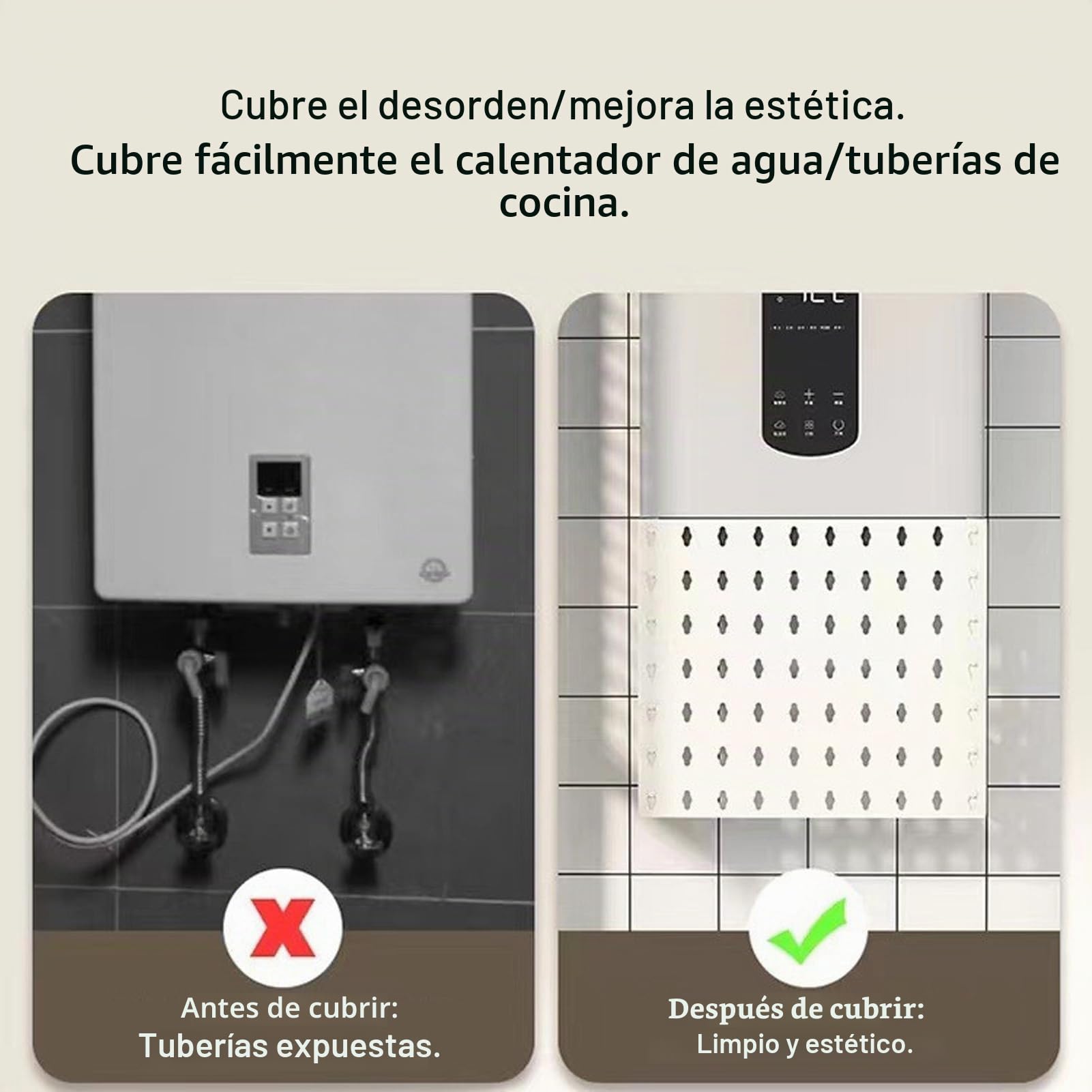 Cubierta decorativa para calentador de agua, panel perforado de 60 cm para ocultar tuberías, instalación sencilla sin herramientas, acabado limpio para cocinas y baños