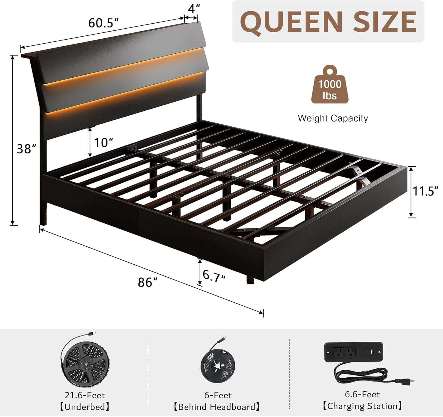 iPormis Queen Floating Bed Frame with LED Lights & Charging Station, Platform Bed with Wooden Storage Headboard, Steel Slats Support, No Box Spring Needed, Easy Assembly, Noise-Free, Black