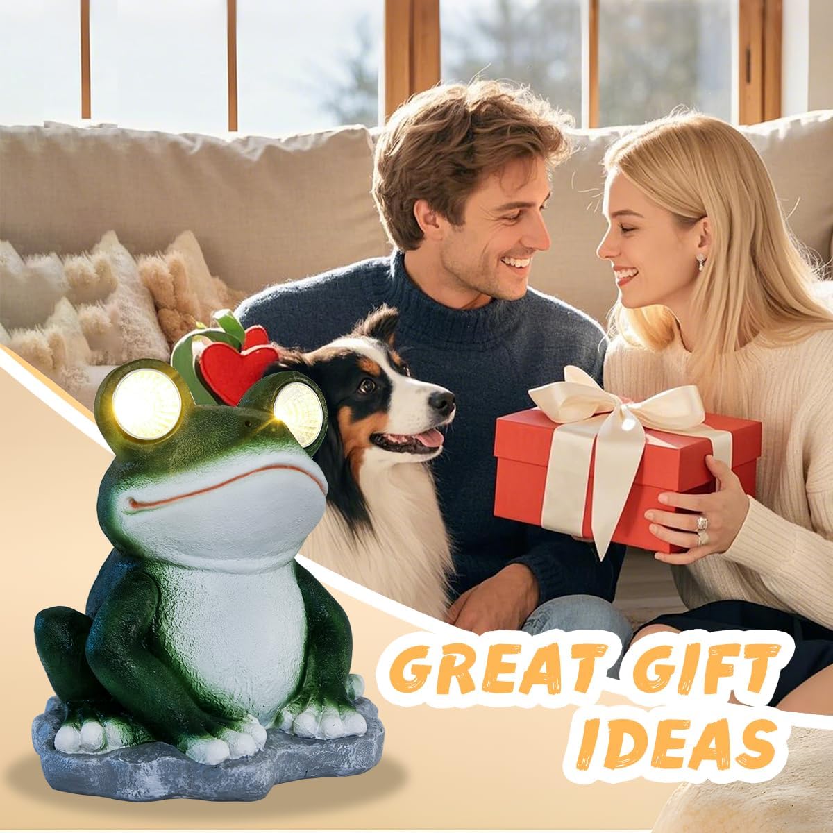 Frog Garden Statue Solar Outdoor Decor Yard Decorations Frog Figurines with LED Light for Outside Ornament Gardening Gifts for Women, Mom