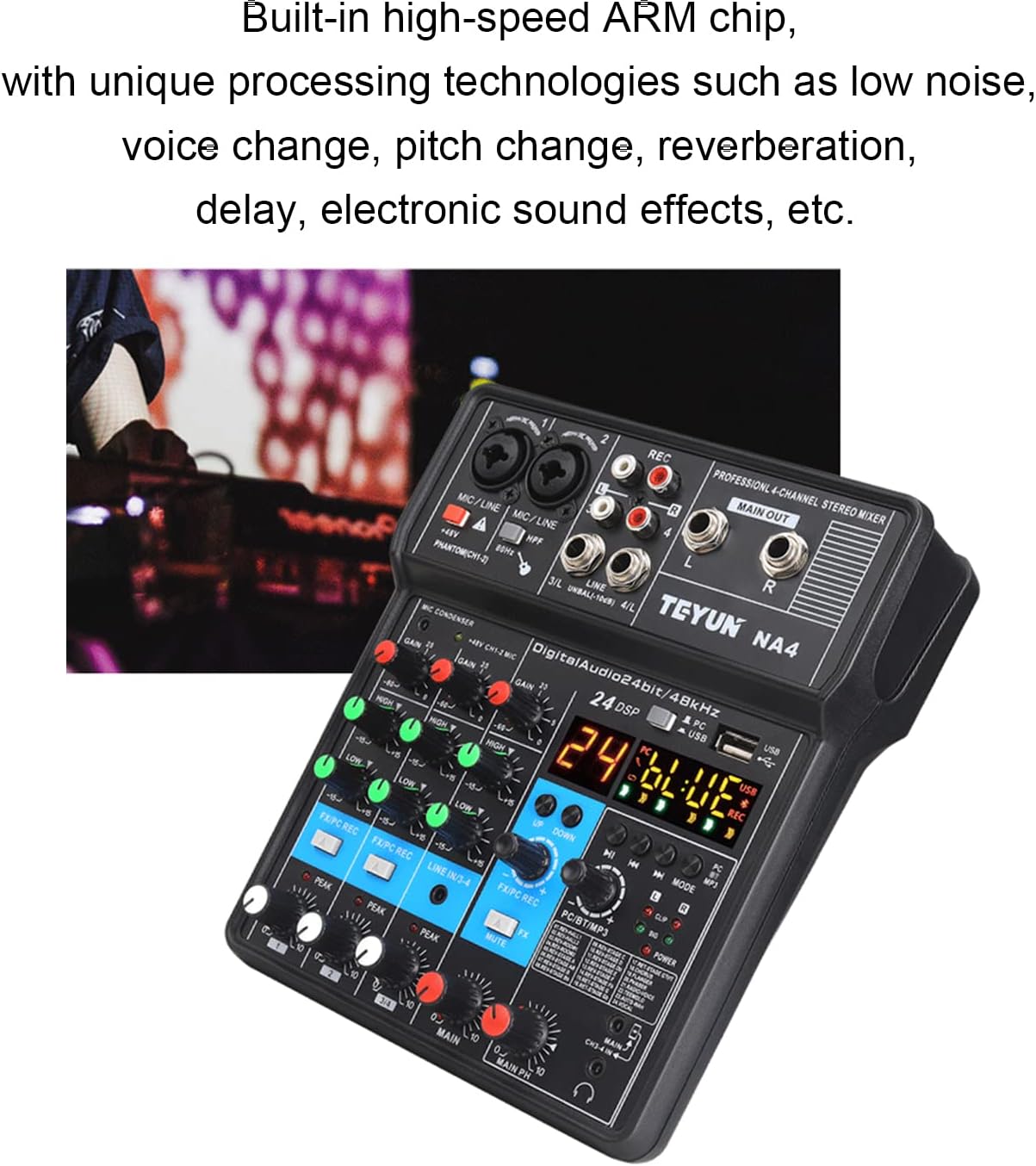 Image highlighting the ultra-low noise and clear sound quality feature of the mixer