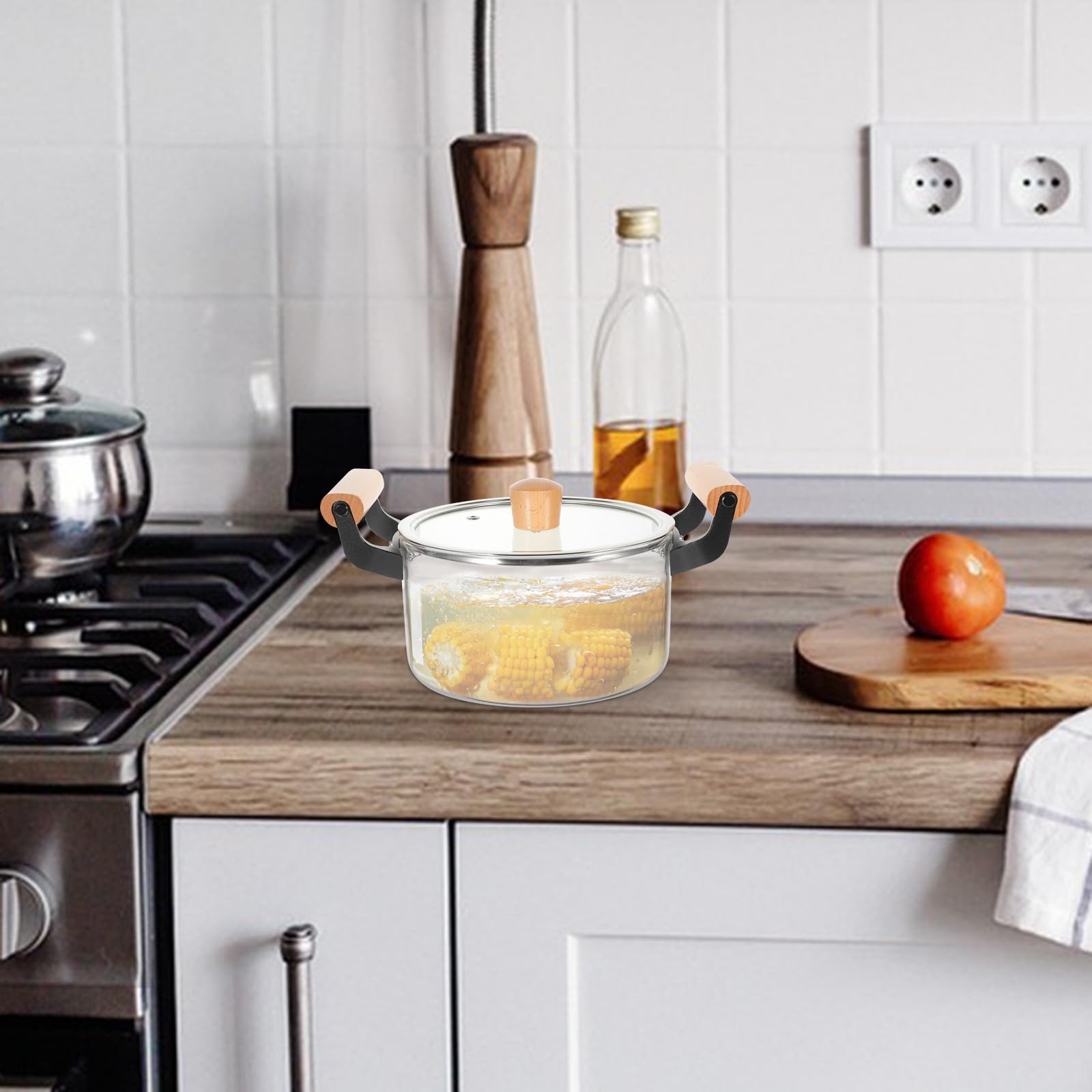 Transparenter Glas suppentopf Hitzebeständig für Herd und Gas Kochfester Glaskochtopf mit Holzgriffen Vielseitiger Topf für Suppe Brei Nudeln und Gemüse im Haushalt
