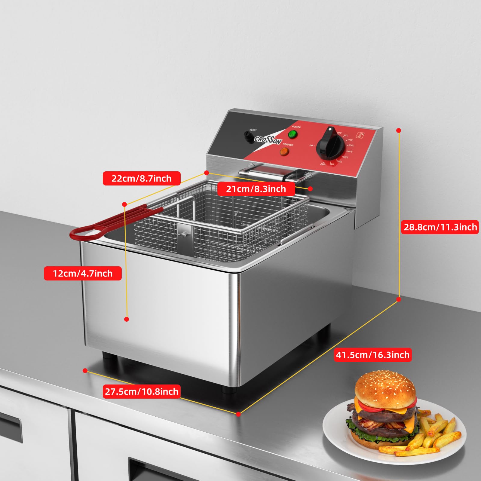 Friteuse électrique CROSSON 6L avec réservoir d’huile et poignée amovibles, panier et couvercle en treillis métallique solide, friteuses de comptoir commerciales légères - 230V, 3000W