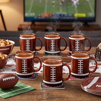 6 Pack Football Glass Mugs, 12 oz Amber Cups with Handles