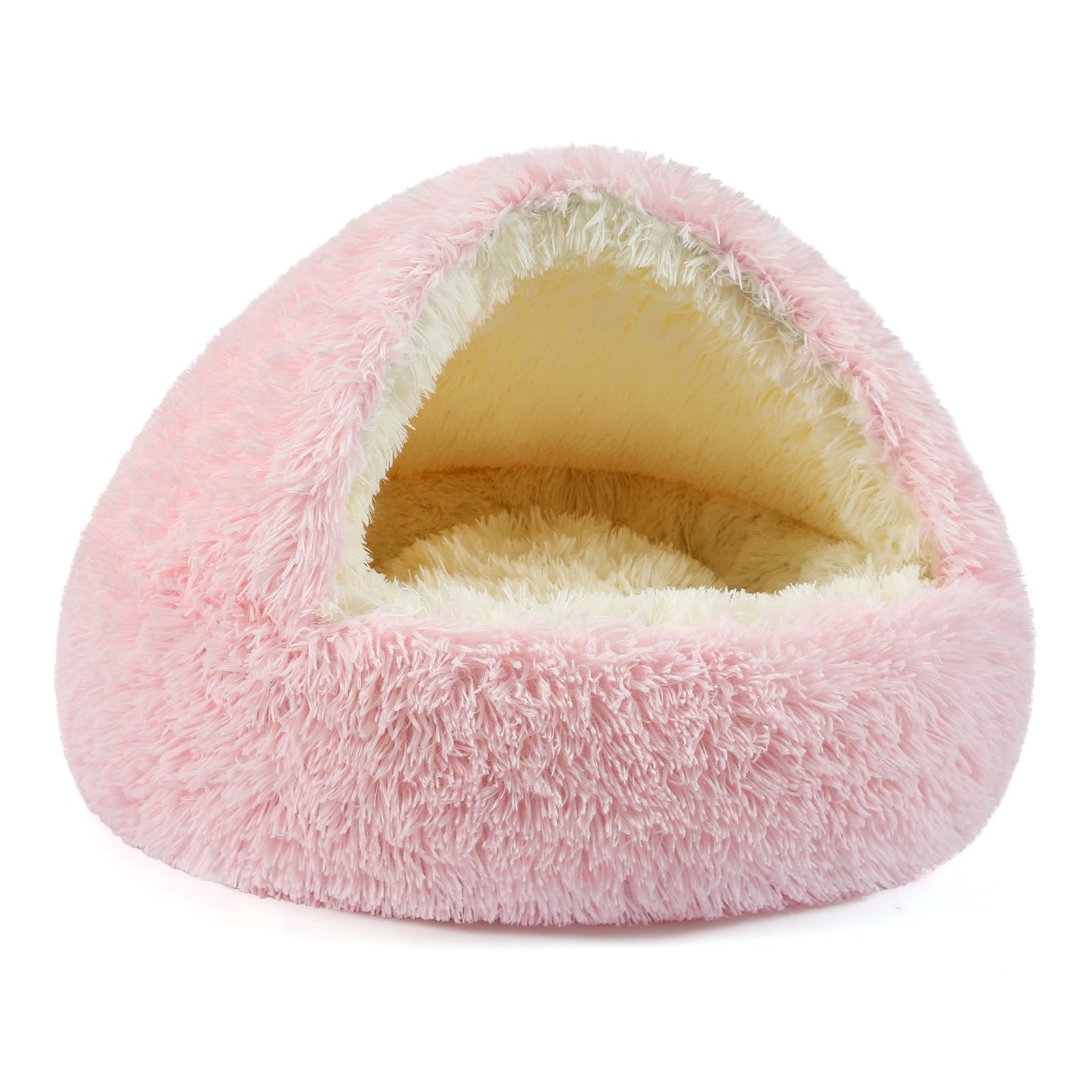 Belababy Calming Dog Bed, Fluffy Dog Cave Bed Small Medium with Upgraded Support Hood, Non-Slip Warm Donut Cat Beds for Indoor Cats (70CM, Pink)