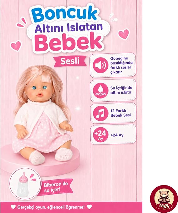 Oyuncak 30 Cm Sesli Altını Islatan Boncuk Bebek Biberonlu Emzikli 12 Farklı Sesli Pilli Bebek