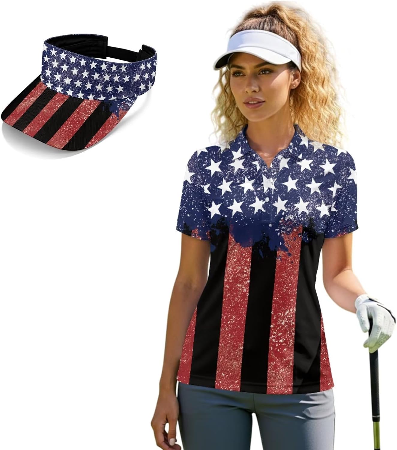 2 Piece with Short Sleeve Golf Shirts for Women and Open Top Sun Visors for Women Quick Dry Womens Tennis Tops