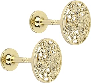 Lewondr Curtain Holdbacks, Set of 2 Wall Mounted Draperies Hooks Antique Engraved Floral Plate Vintage Retro Decorative Metal Hangers for Home Living Room Bathroom Closet - Gold