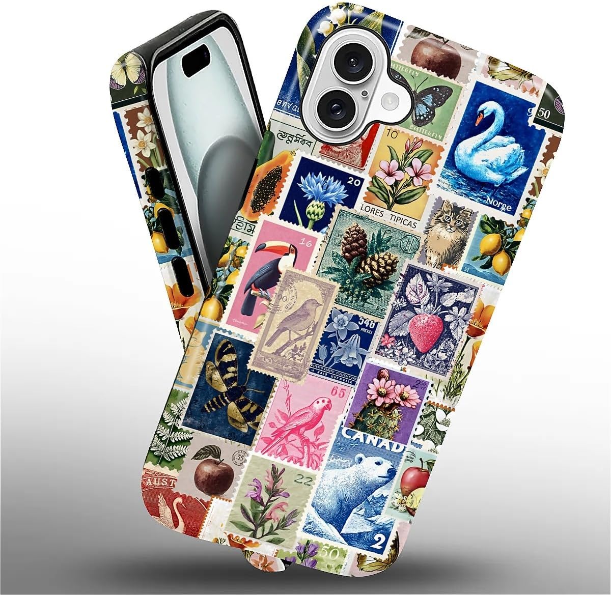 for iPhone 16 Case Hybrid 2 Layer Hard Shell Silicone Protective Pattern Design Cover - Retro Stamp Collage