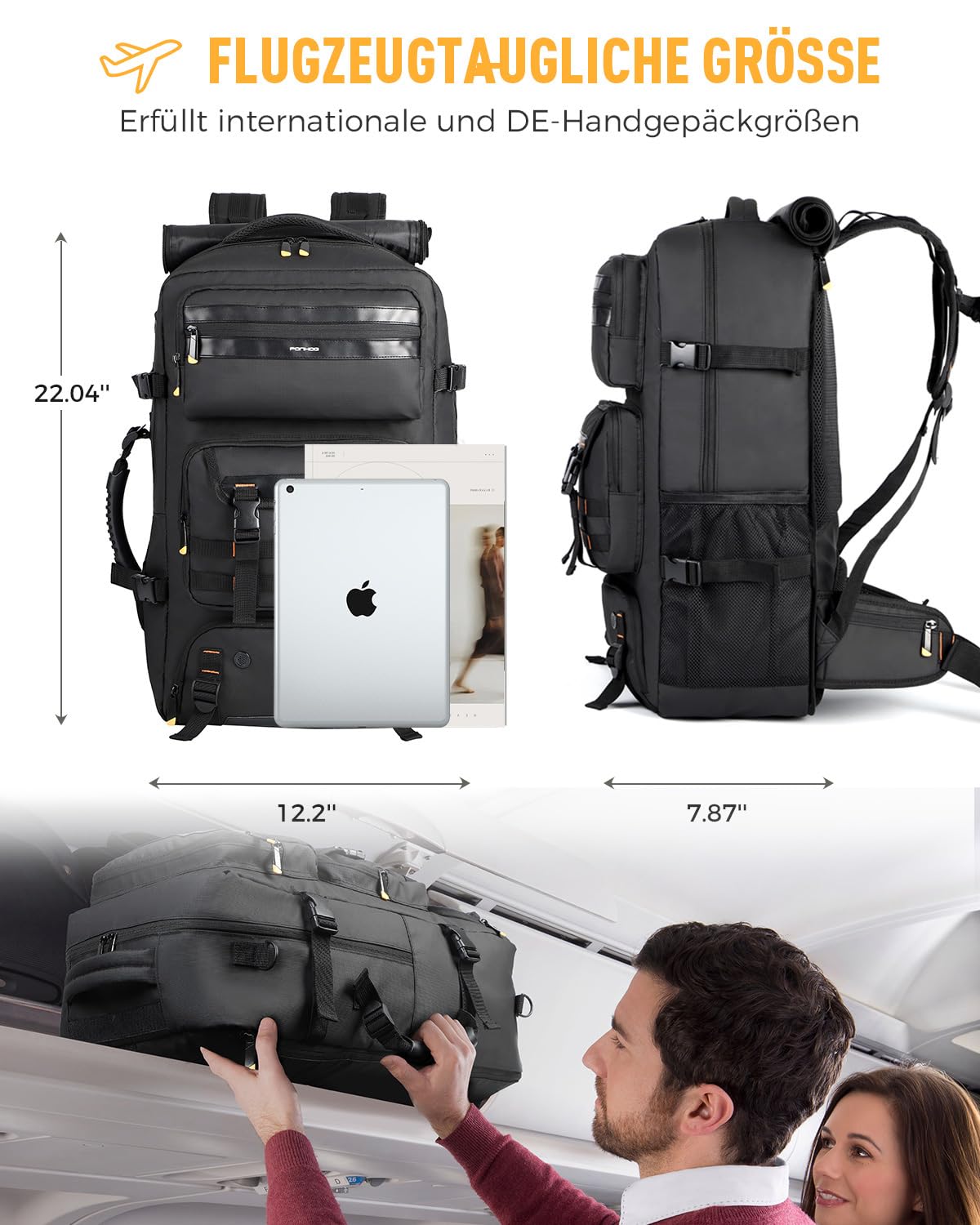 Ponhog Travel Backpack for Men - 50L Convertible Duffle Bag with Shoe Compartment, Carry On Laptop Backpack with USB Charging Port, Hiking Backpack Gym Daypack Water Resistant Rucksack,Black