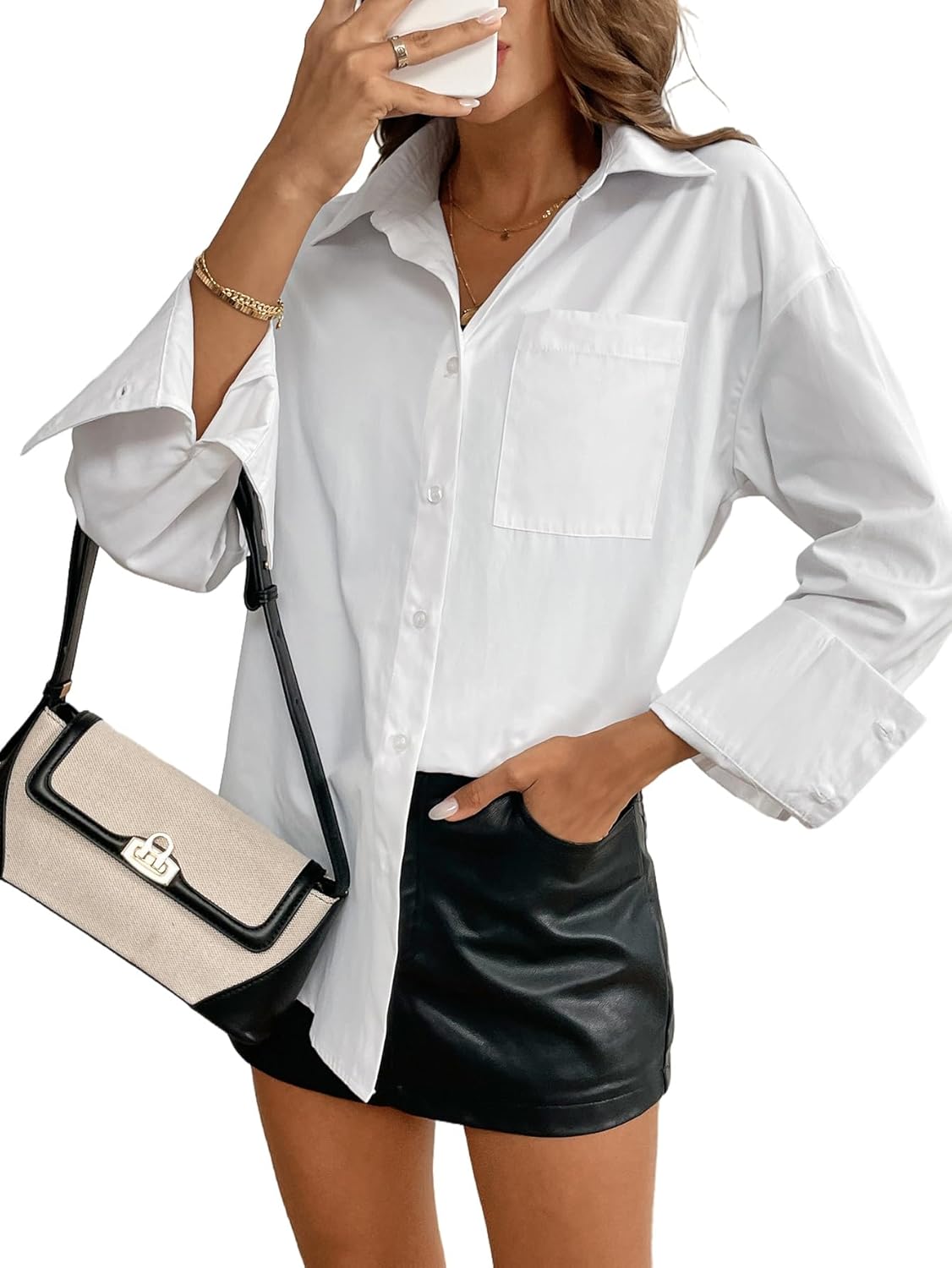 Women's Oversize Collar Button Down Long Sleeve Work Blouse Top - Image 3