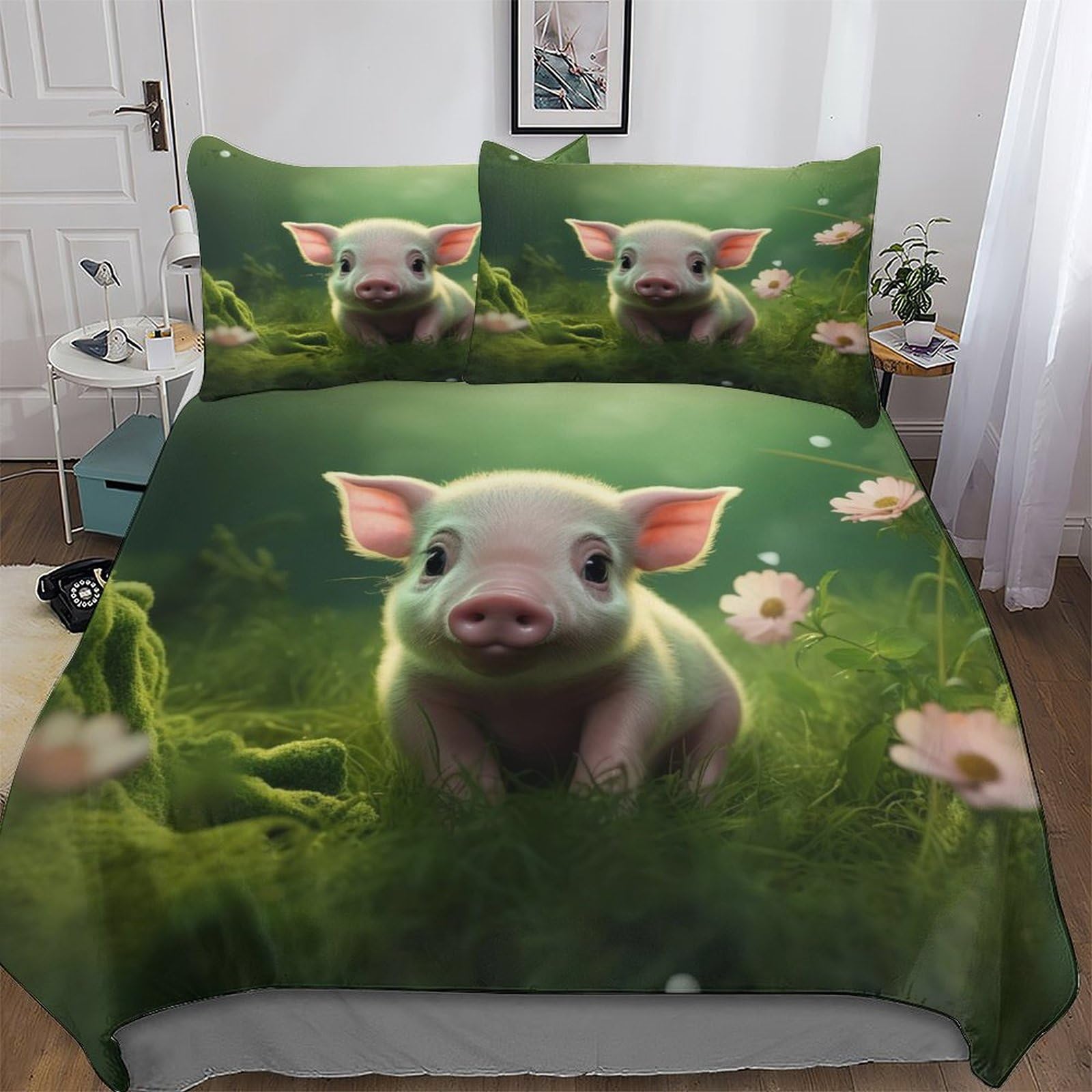 Parure de lit cochon 3 pièces motif animalier 3D housse couette 220x240cm microfibre