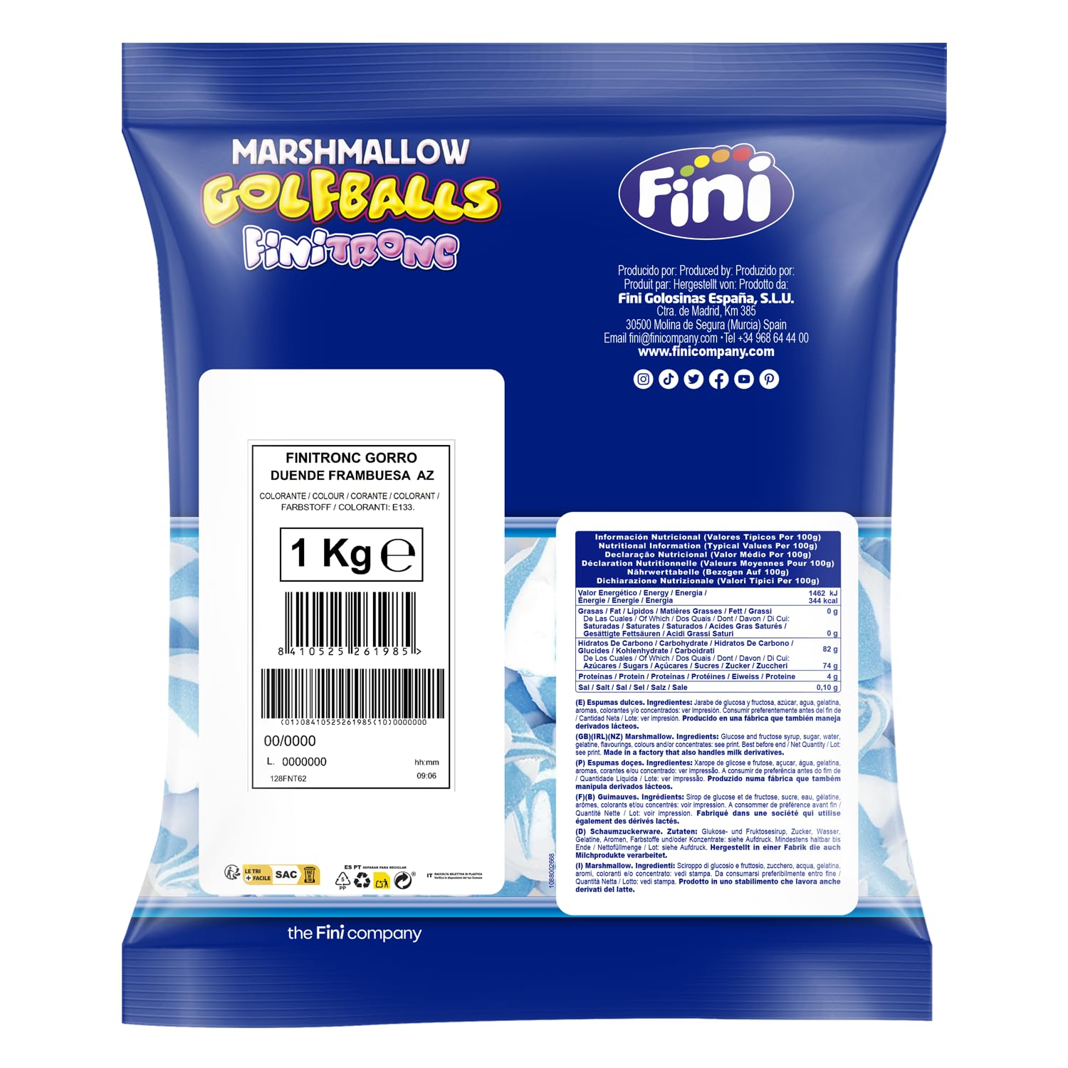 Fini - Finitronc Gorro Duende | Marshmallow Golfballs | Sabor Frambuesa | Bolsa de 1kg | Chuche Ideal para Eventos, Cumpleaños, Halloween o Navidades (Paquete de 6)