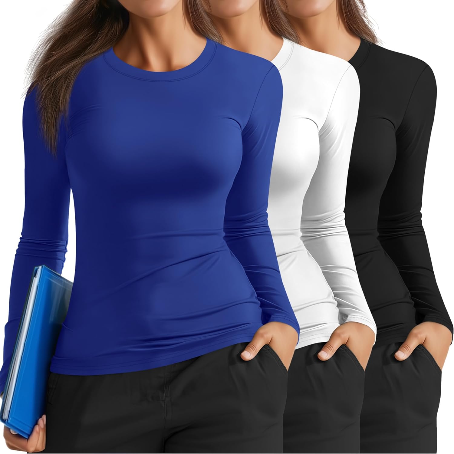 3 Pack Women's Plus Size Underscrub Shirts, Long Sleeve Crew Neck Tops Fitted Layering Basic Tee for Nurse