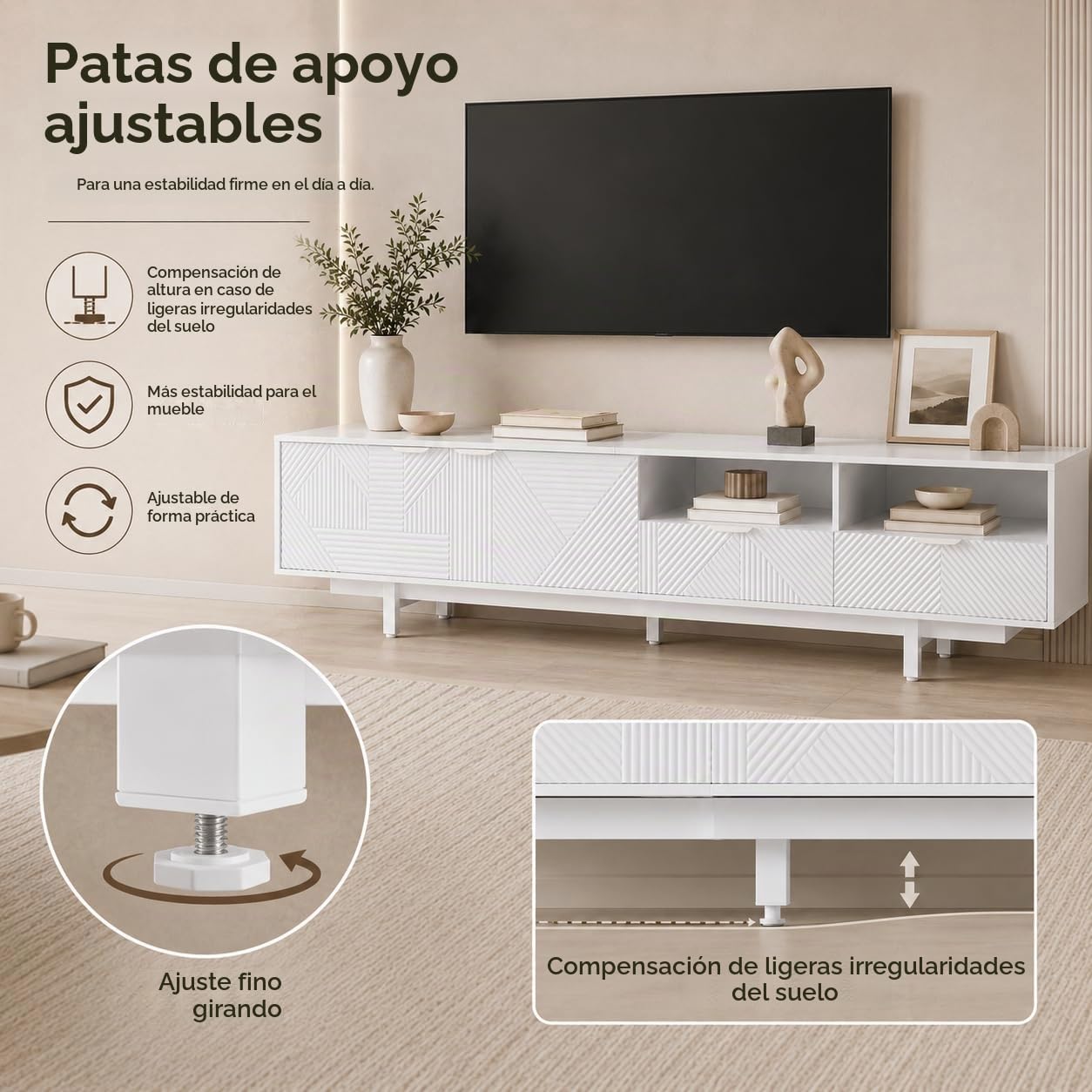 Armario bajo para TV de 200 cm de largo, con 2 puertas y 2 cajones, apto para 90 pulgadas, mesa de televisión con compartimento abierto, armario para salón, dormitorio, 200 x 40 x 51 cm, blanco