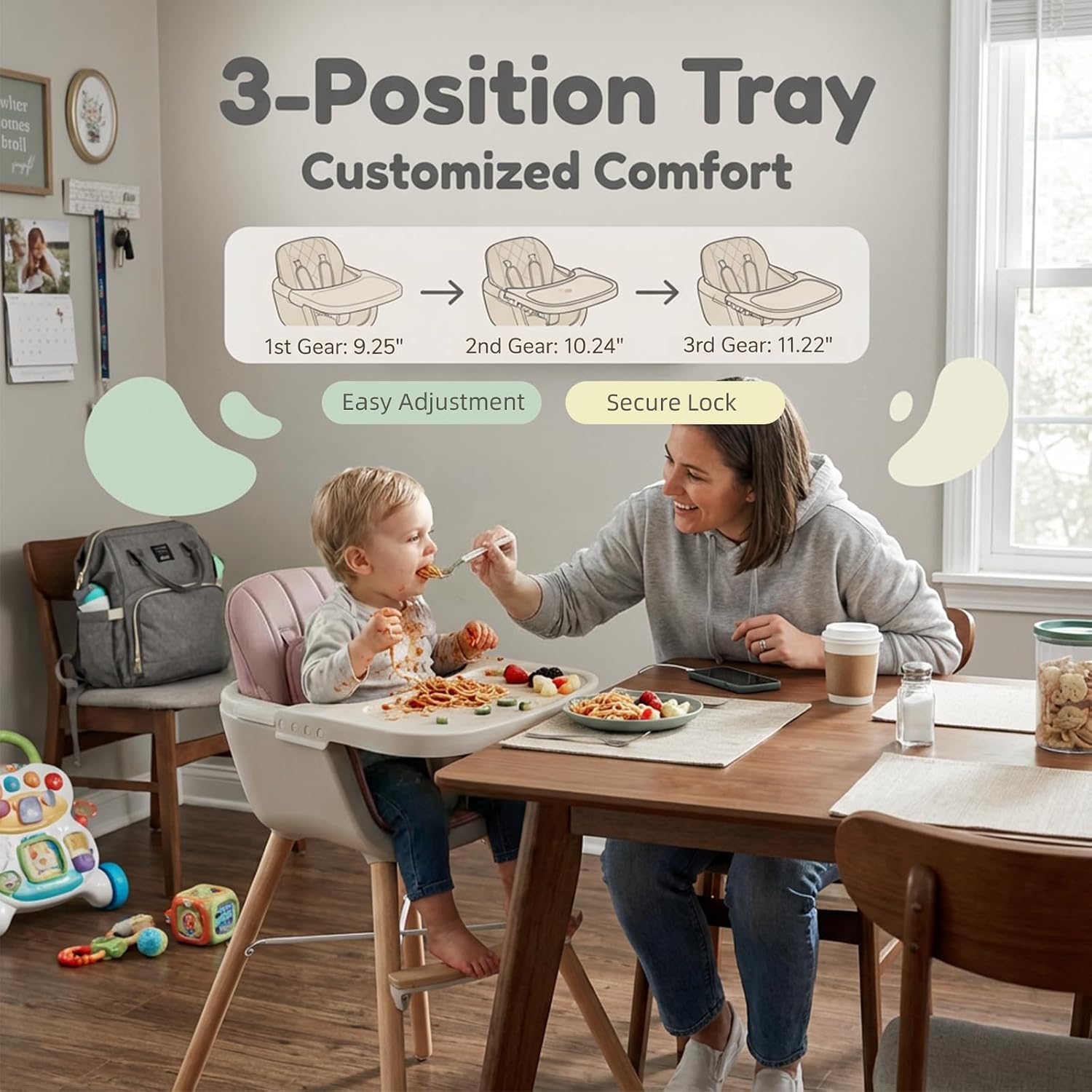 Mallify 3-in-1 Wooden High Chair, Convertible High Chairs for Babies and Toddlers, Baby Highchair with Adjustable Legs & Dishwasher-Safe Tray, Sleek Hardwood & Premium PU Cushion, Pink thumbnail
