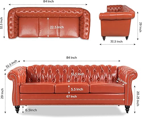Miniatura 2 de Sofá Chesterfield de piel sintética copetuda naranja para sala de estar, brazo enrollado de 84 pulgadas, sofá de 3 plazas, con botón profundo,