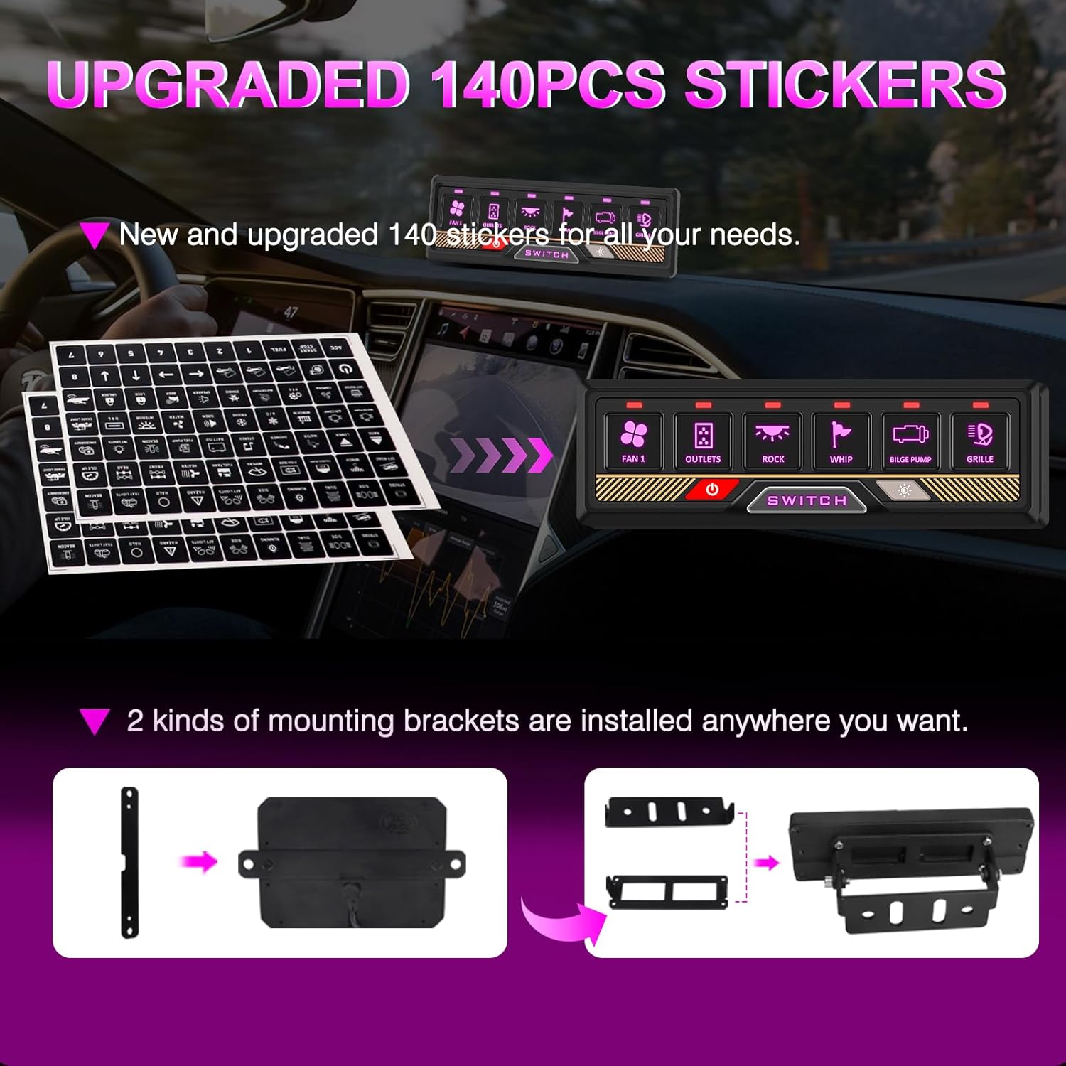 RGB 6 Gang Switch Panel 60A with APP Universal Circuit Control Relay System Multifunction Toggle Momentary Flash Strobe Switches, Waterproof 5 Level Brightness for Jeep Boat Marine SUV Car UTV