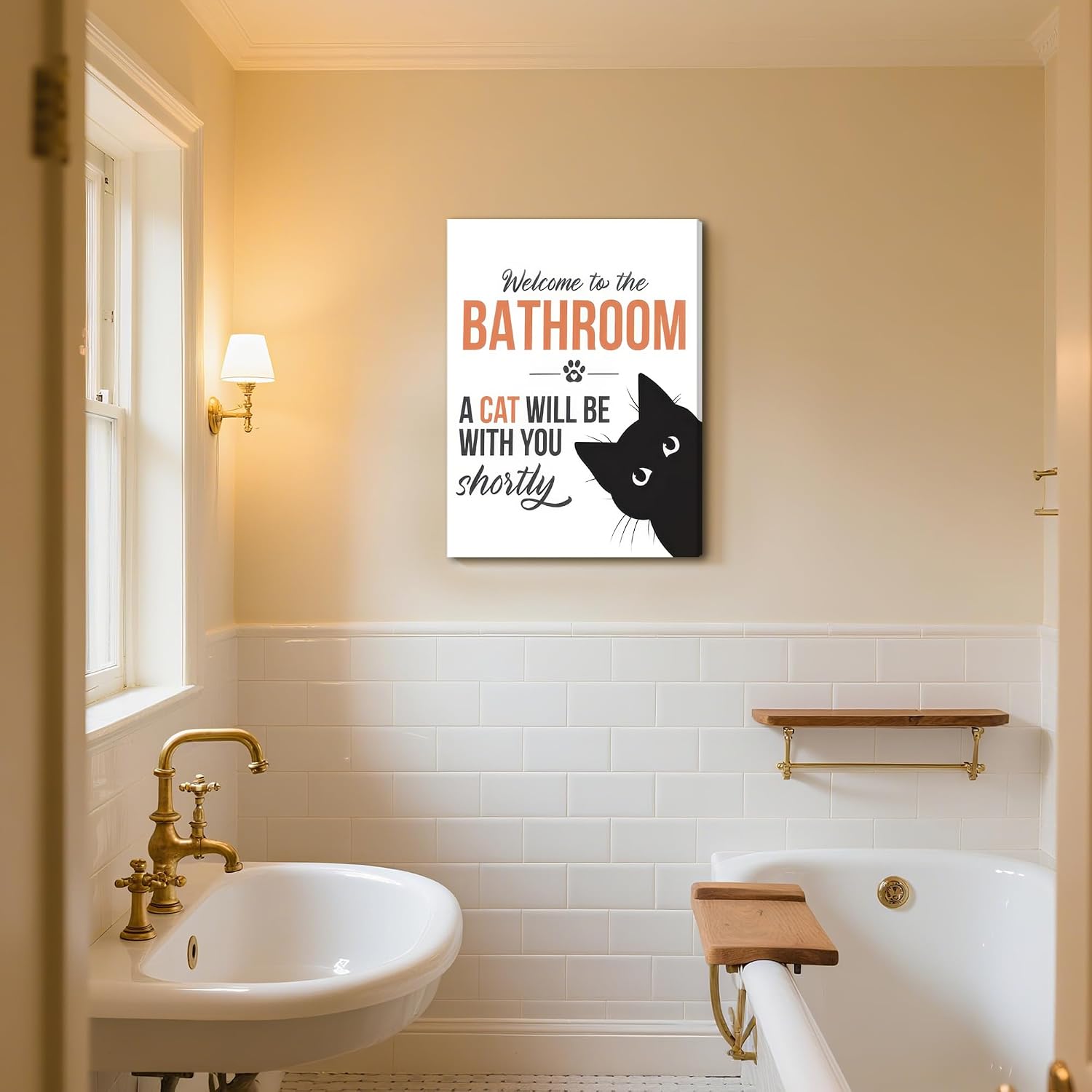 Ovczax Funny Bathroom Wall Art, Welcome To Bathroom Cat Decor, Wall Decor Frame, Funny Cat Will Be With You Sign 24" x 16"
