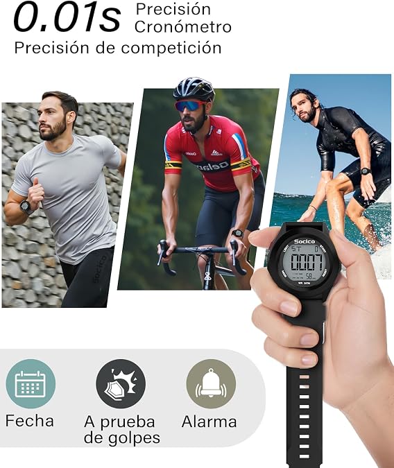 SOCICO Mens Digital Watch Sports Waterproof Outdoor Large Face Military Watches with Stopwatch Back Light Alarm Date Display