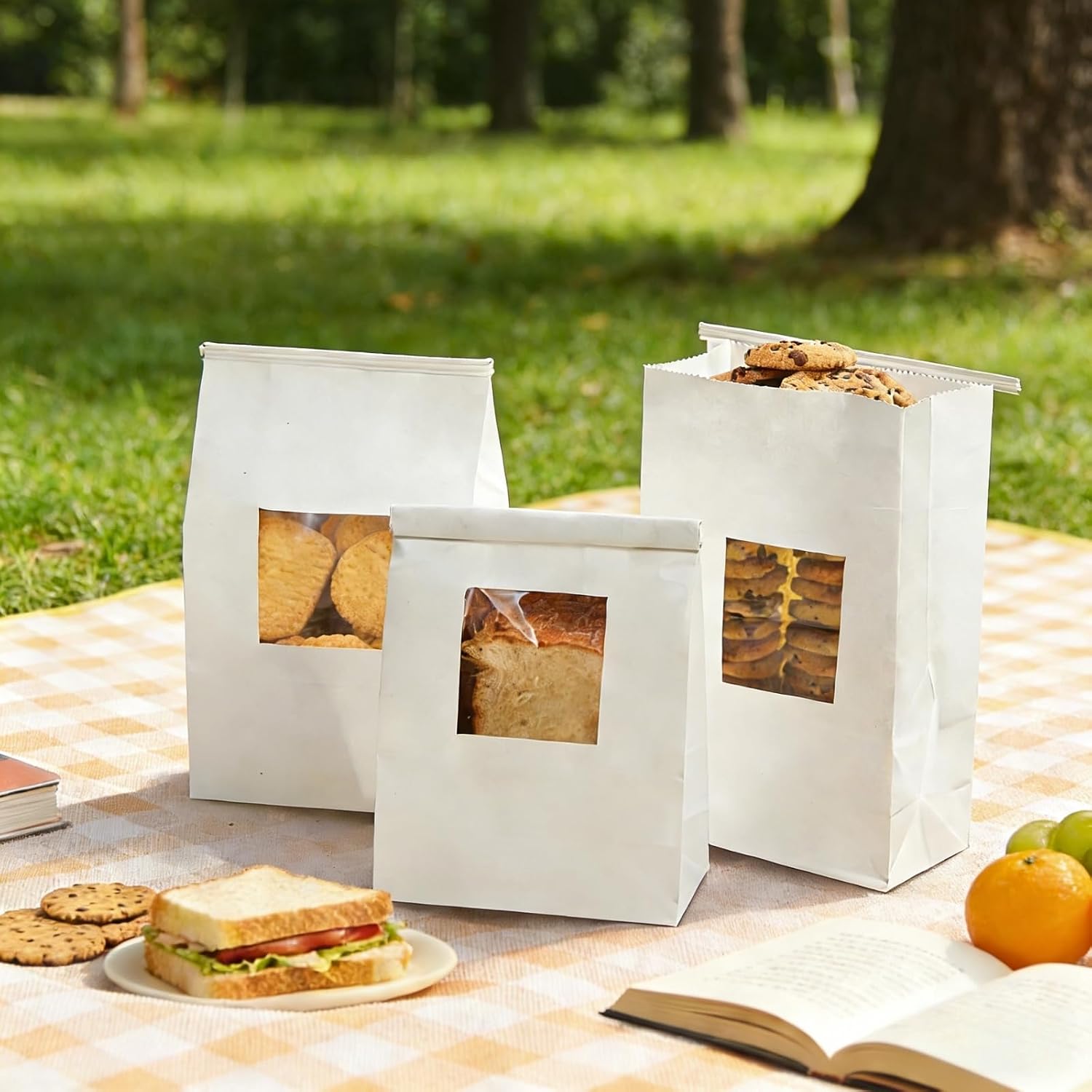 AVLA 100 Pack Bakery Bags with Window, 5.9 x 2.8 x 9.2 Cookie Treat Bag, White Kraft Paper Bags, Tin Tie Tab Lock Bags, Coffee Beans Popcorn Snack Gift Bags for Wedding Favors Baked Goods image 4