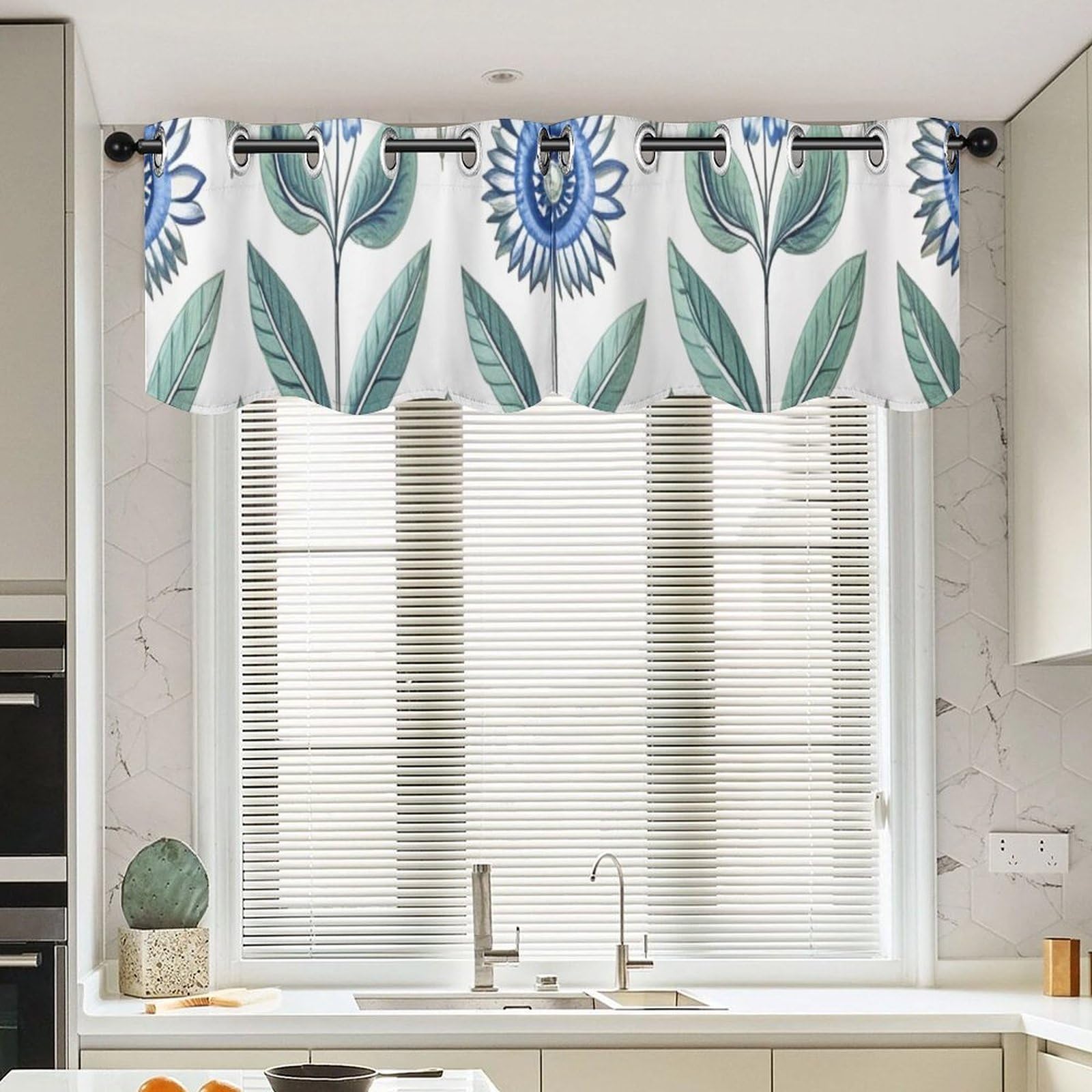 Cortinas de cocina con cenefa floral azul de estilo étnico rústico pack de 2 unidades 52x18