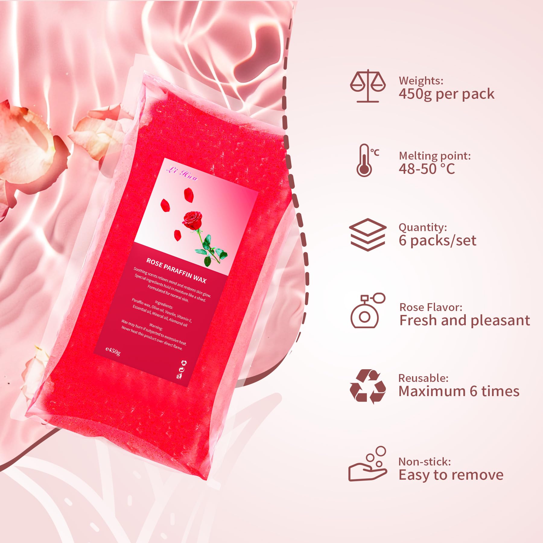 Wosk parafinowy, 6 sztuk, 2700 g, różowe uzupełnienie, bloki parafinowe do kąpieli parafinowych, dłoni i stóp, łagodzi zmęczenie mięśni, nawilża i odżywia