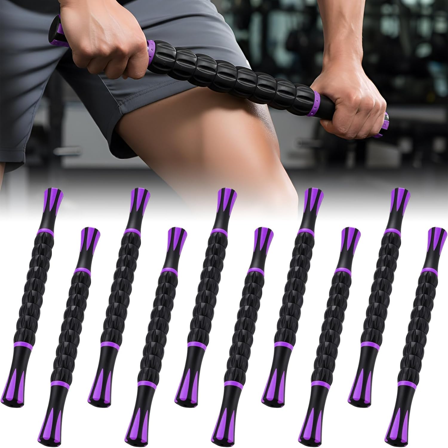 Soulchen 10-Pack Muscle Roller Stick Set - Deep Tissue Massage Roller for Soreness Relief, Leg Cramps, Athletes Recovery, Purple
