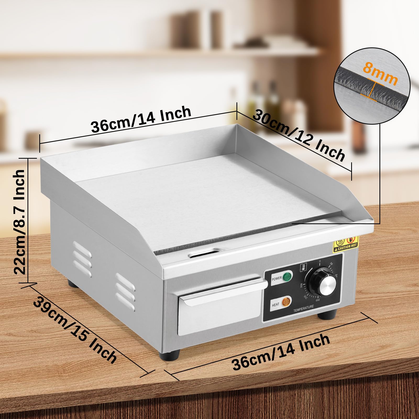 GarveeHome 14 In Commercial Electric Griddle,110V 1500W Electric Restaurant Teppanyaki Flat Top Grill with Shovels & Brushes, Non-Stick Countertop Griddle, Adjustable Temperature Control 122°F-572°F