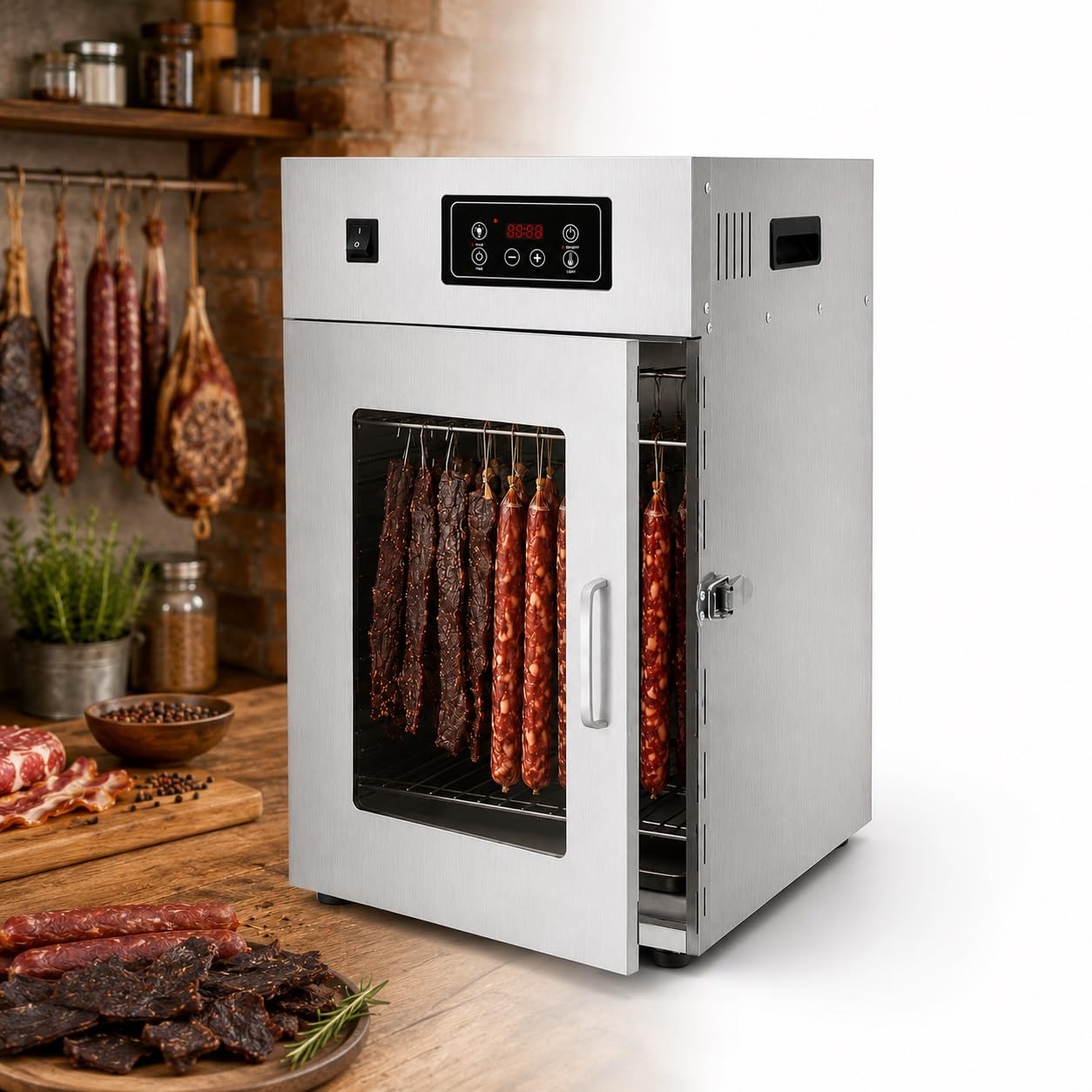Dry Ager, 360° Drehbarer Fleischtrockner Mit LED-Steuerung Und 14 Haken | 0-90°C-Einstellung, 7,5 kg Fassungsvermögen, Edelstahl, for Pökeln von Wurst, Speck und Hühnchen