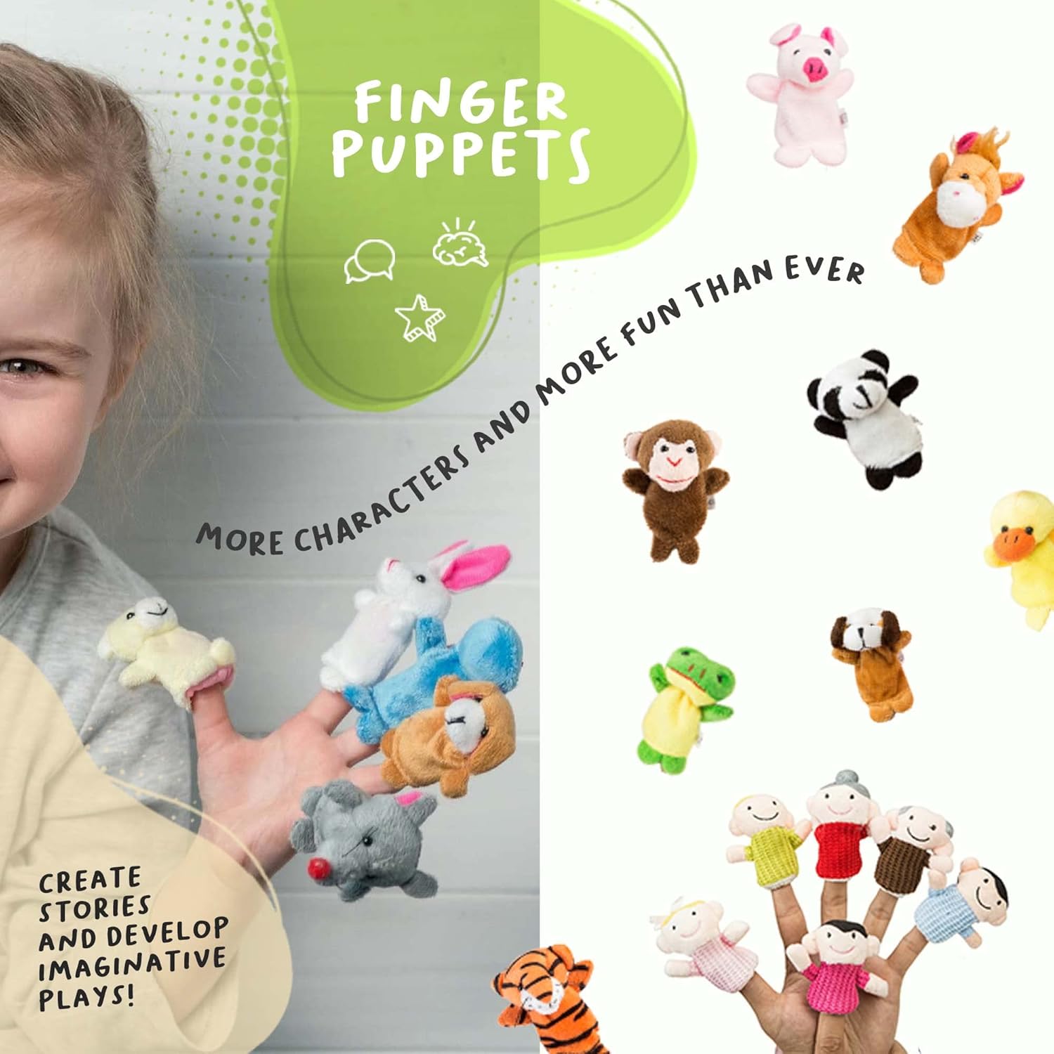 Finger Puppet Set (20Piece), 6 Family Member Finger Puppets,14 Animal