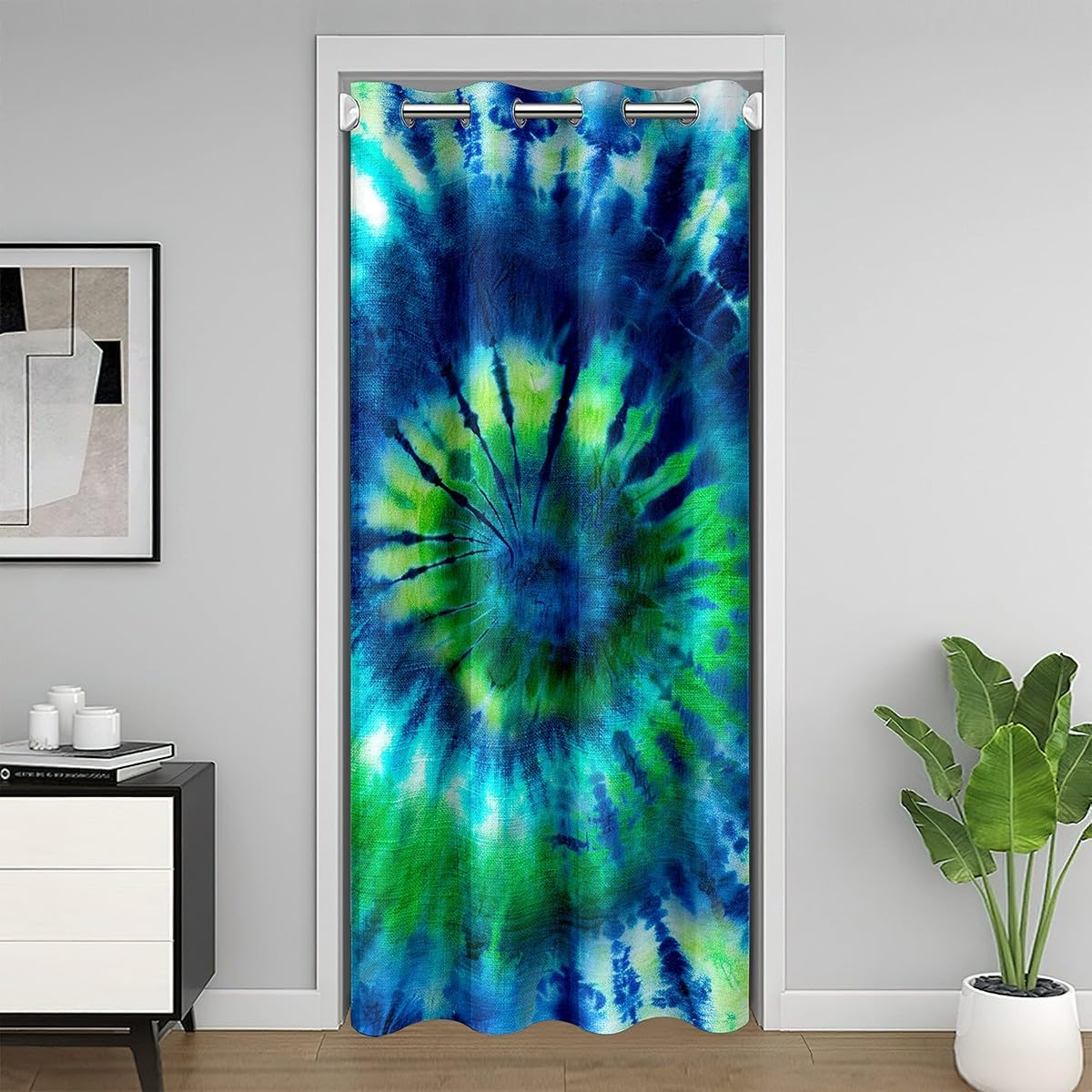 Tie Dye Door Curtain for Boys Girls Hippie Swirl Print Doorway Curtain 60" Wx 80" L Watercolor Boho Gradient Blackout Curtain Green Blue Tie Dye Art Curtain Tapestry for Hallway