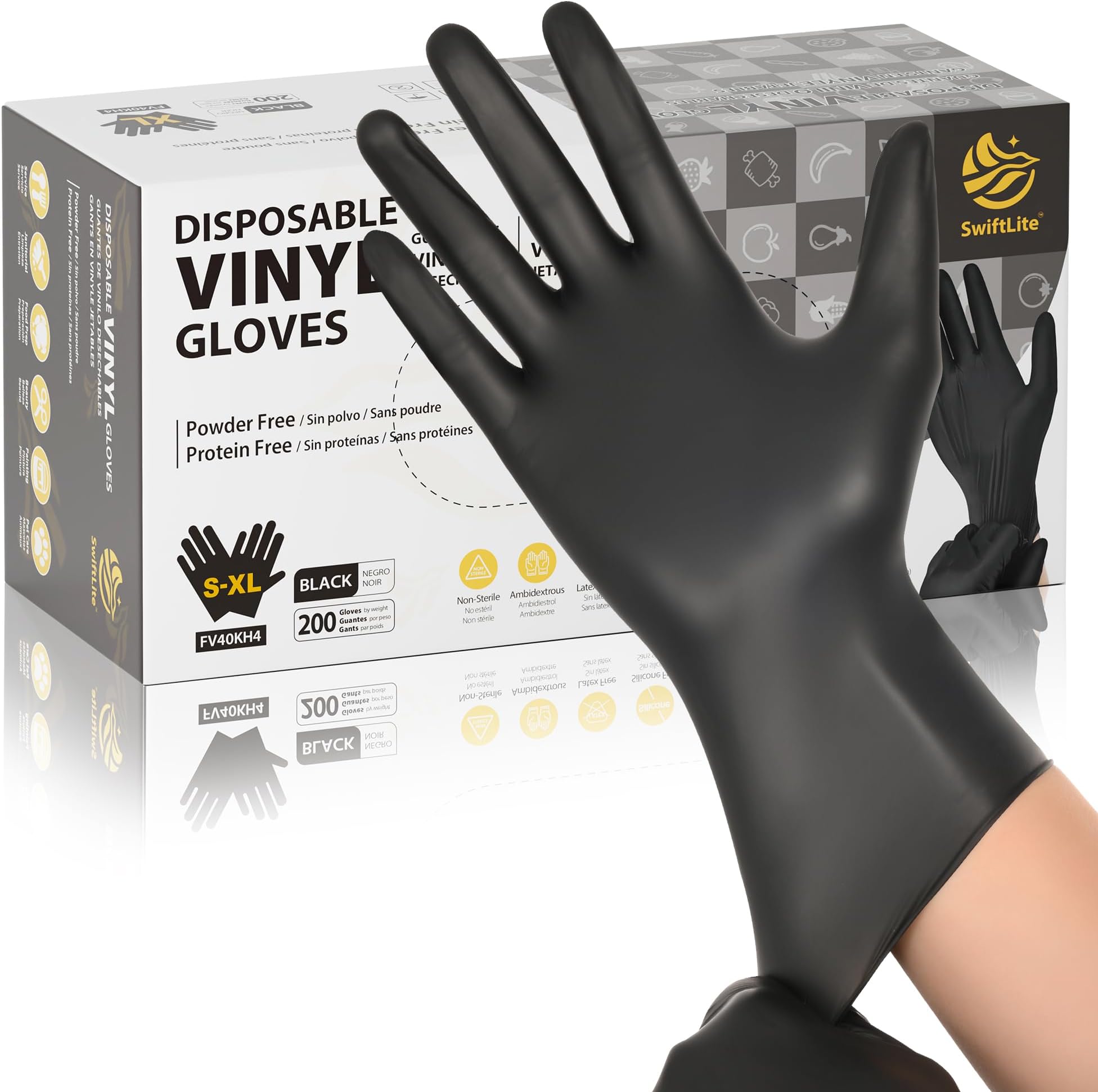 SWIFTLITE Black Vinyl Gloves, Food Grade Gloves Disposable Latex Free & Powder Free, Guantes for Cleaning Cooking Food Prep