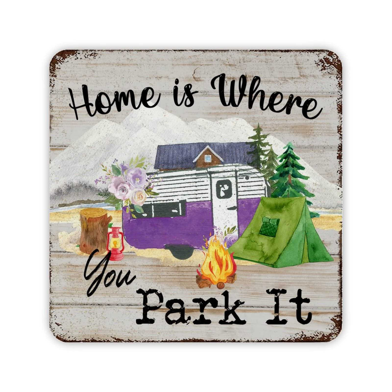 ENEDNATE Retro Camping Quotes Metal Sign Home is Where You Park It Vintage Metal Tin Sign for Home Garage Men Cave Yard Decor Camper Gifts 12x12 inch