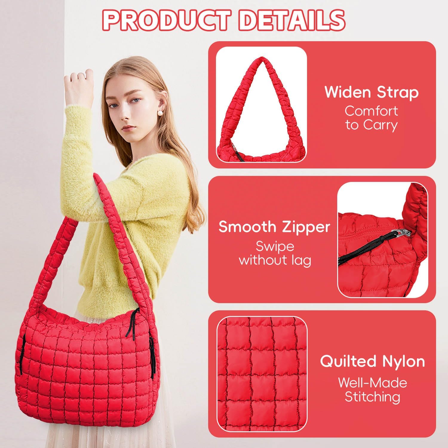 Puffer Tote, Quilted Puffer Hobo Bag, Lightweight Puffy Quilted Shoulder Bag for Work, Gym, Travel